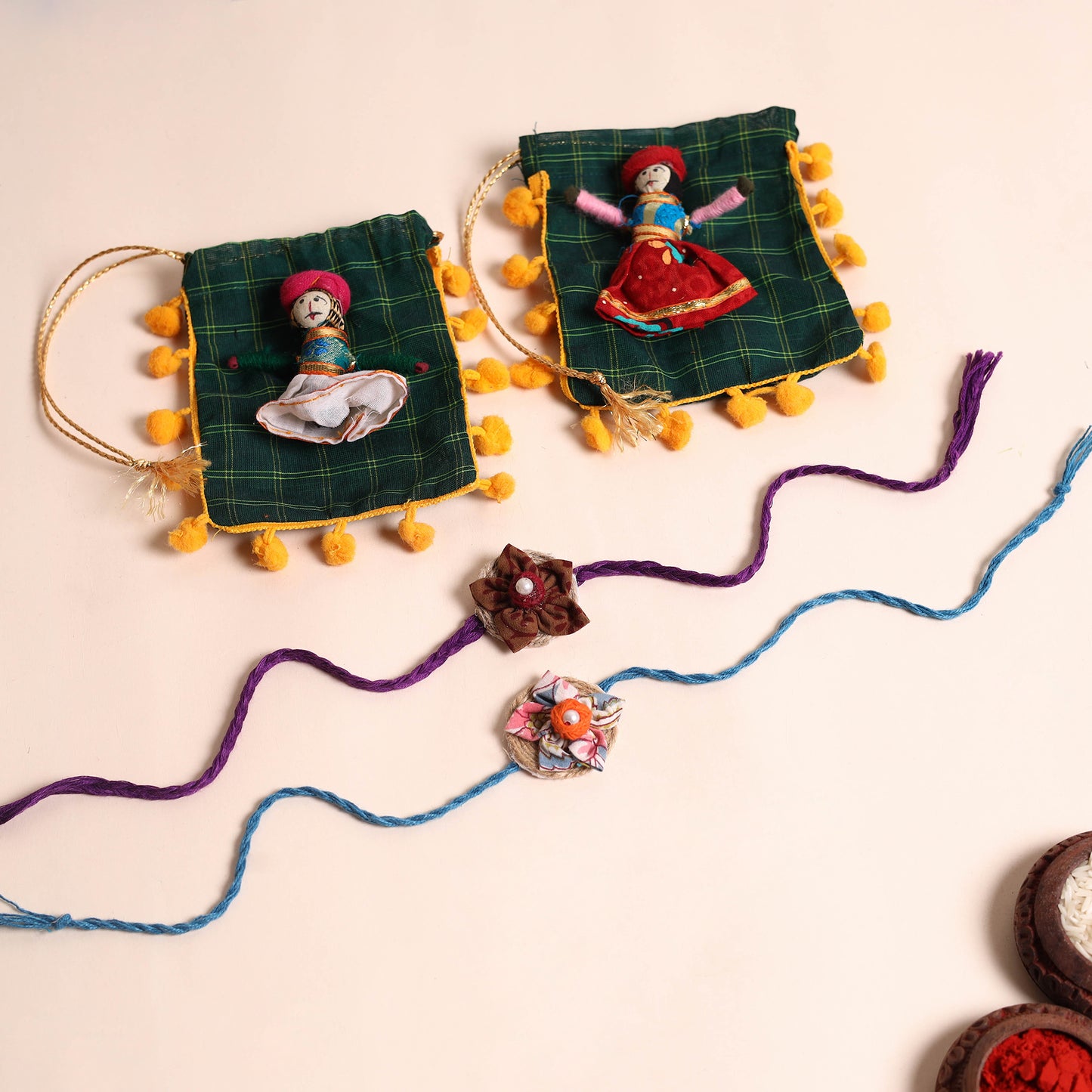 Handmade Fabric Flower Rakhi (Set of 2)