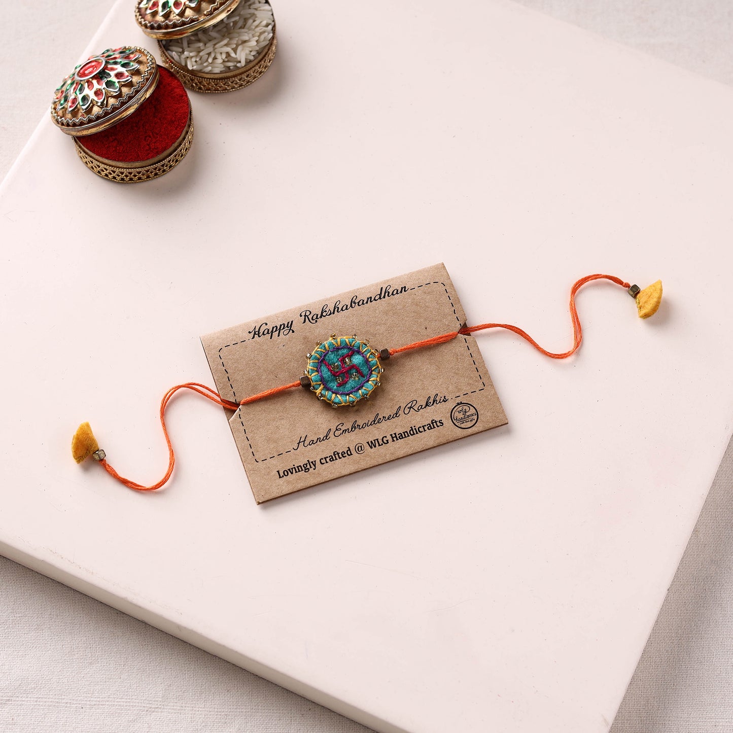 Swastika - Hand Embroidered Felt & Bead Work Rakhi 09