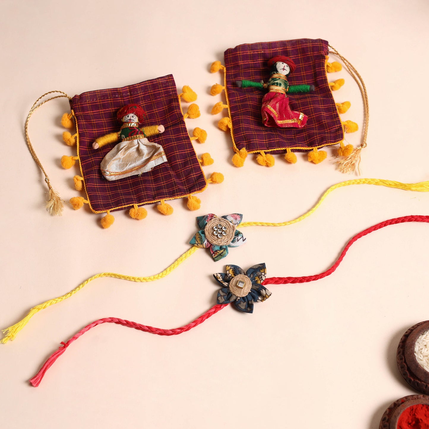 Handmade Fabric Flower Rakhi (Set of 2)