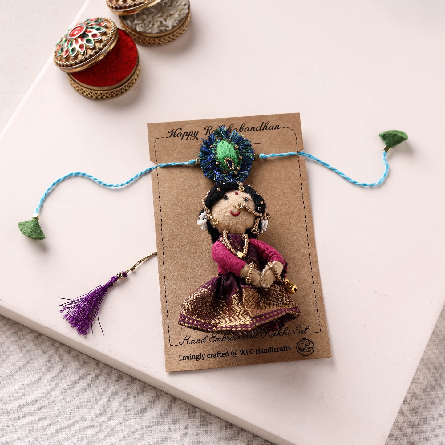 Radha Morpankh - Hand Embroidered Felt Work Rakhi & Lumba Set 45