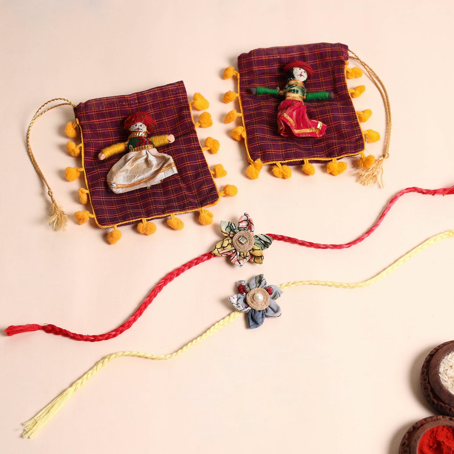 Handmade Fabric Flower Rakhi (Set of 2)