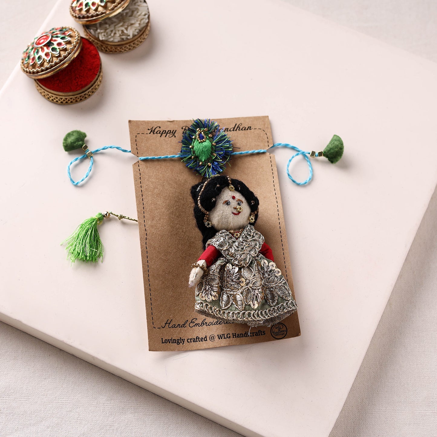 Radha Morpankh - Hand Embroidered Felt Work Rakhi & Lumba Set 55