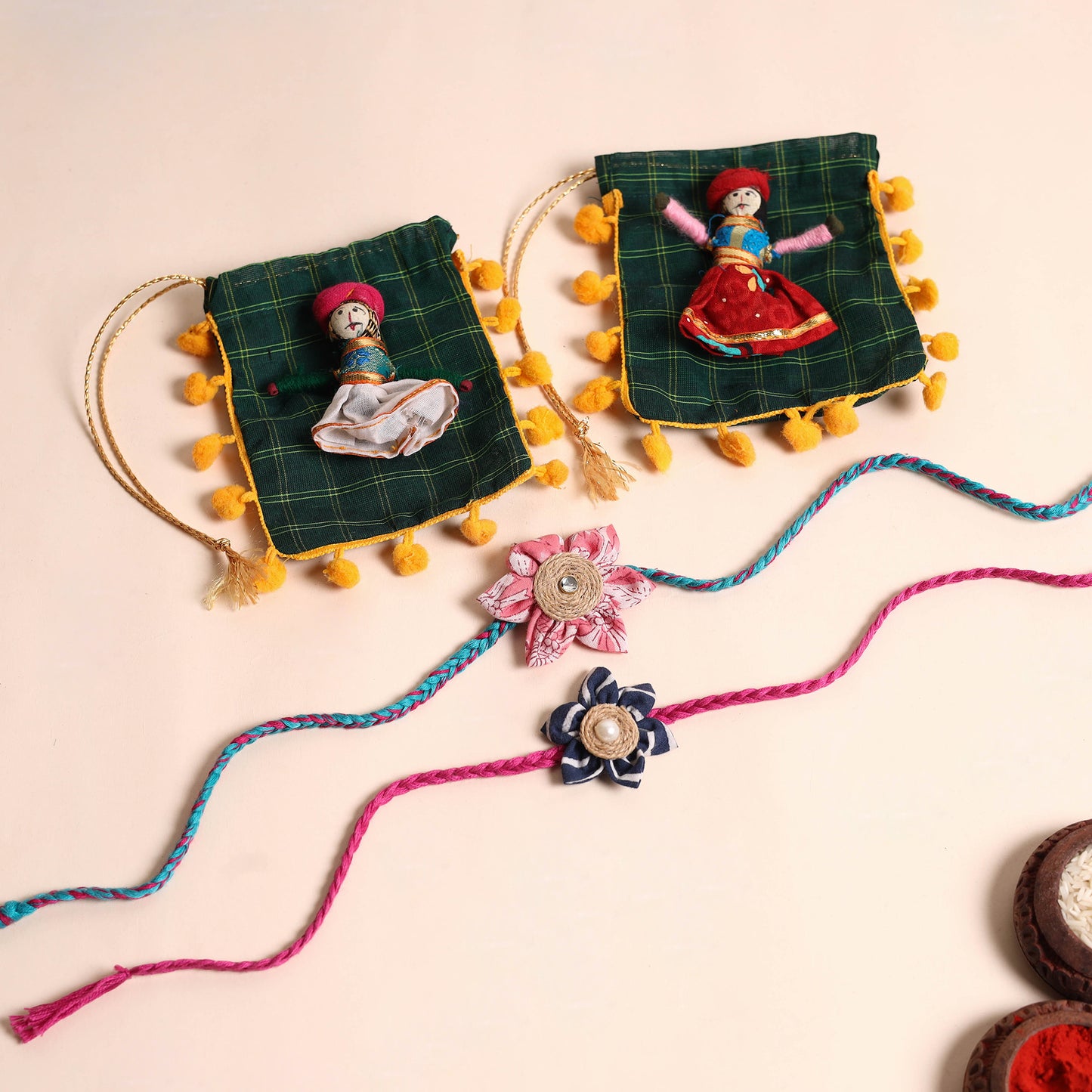 Handmade Fabric Flower Rakhi (Set of 2)