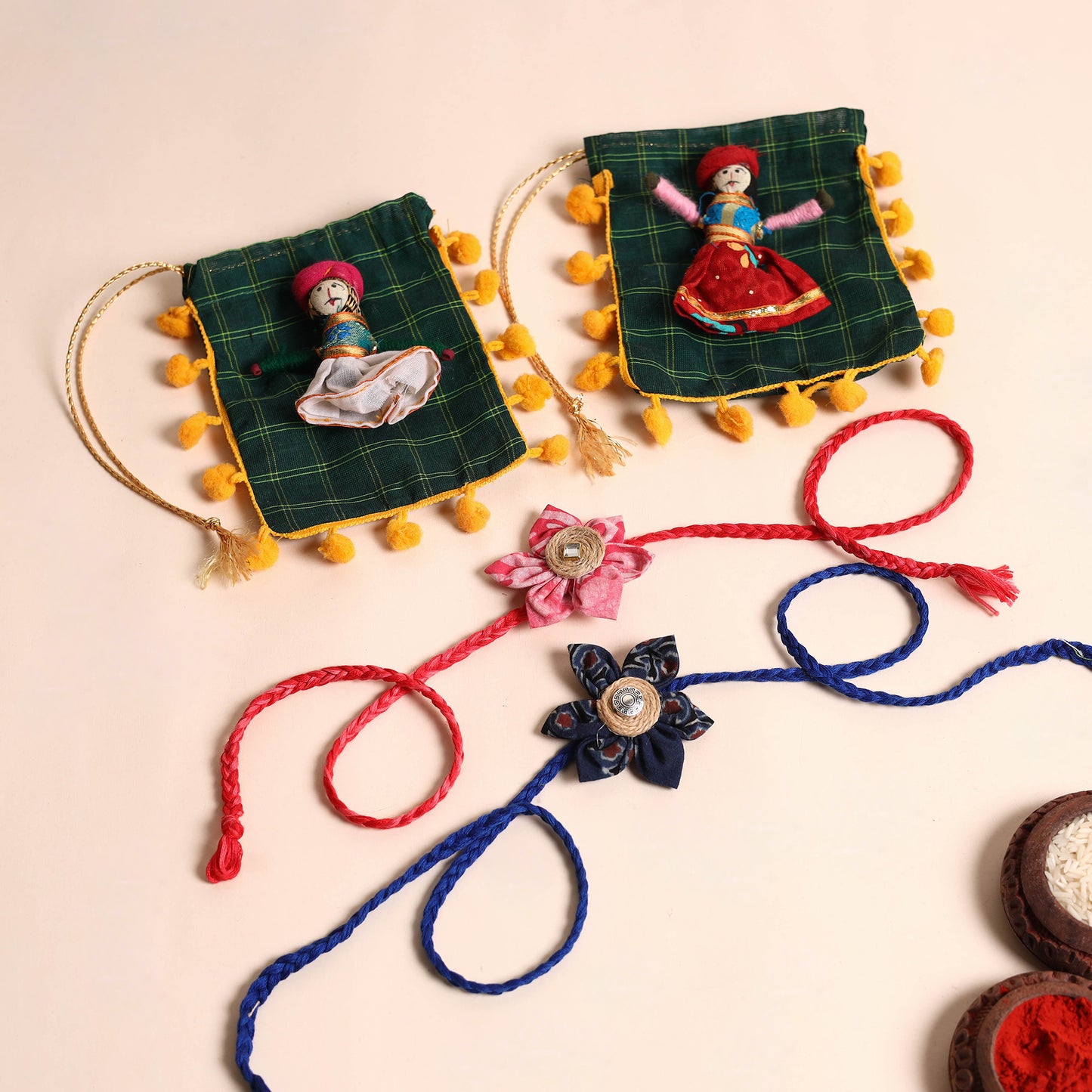 Handmade Fabric Flower Rakhi (Set of 2)