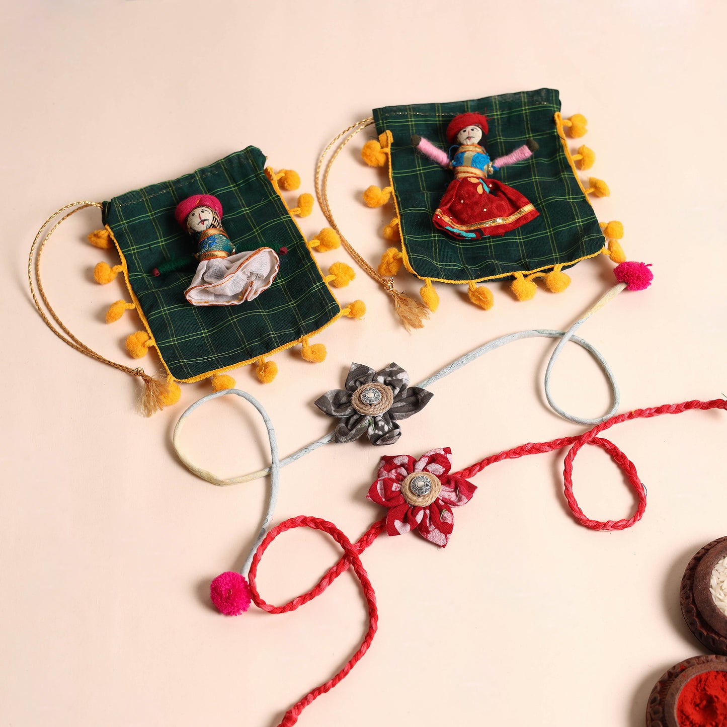 Handmade Fabric Flower Rakhi (Set of 2)
