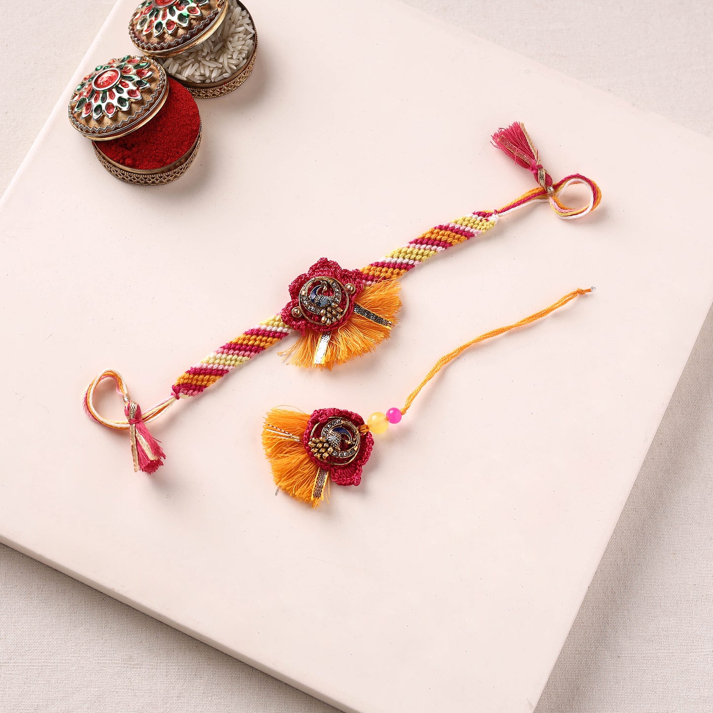 Peacock Handmade Crochet Work Rakhi with Lumba Set 03