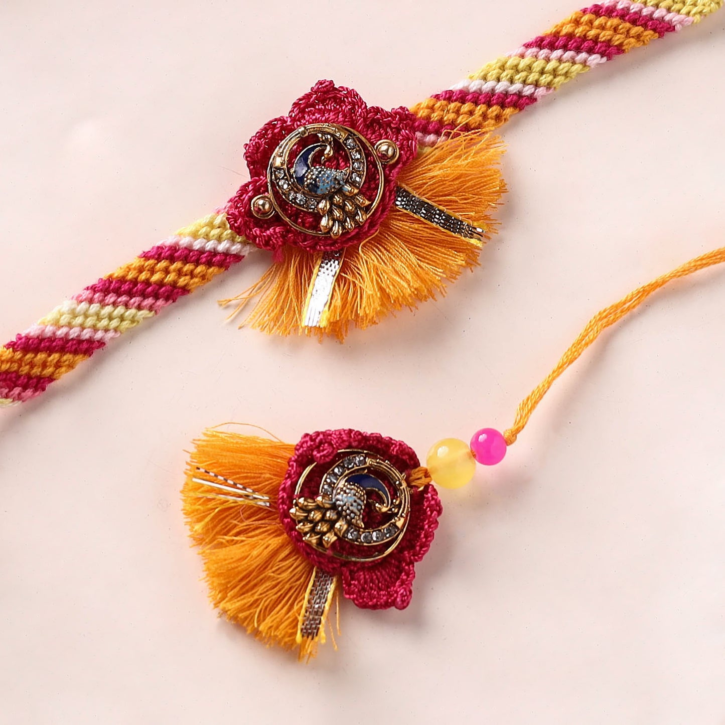 Peacock Handmade Crochet Work Rakhi with Lumba Set 03