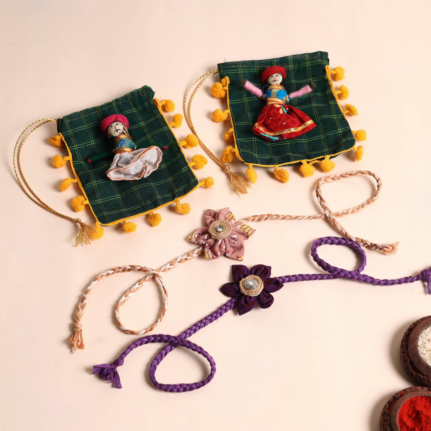 Handmade Fabric Flower Rakhi (Set of 2)