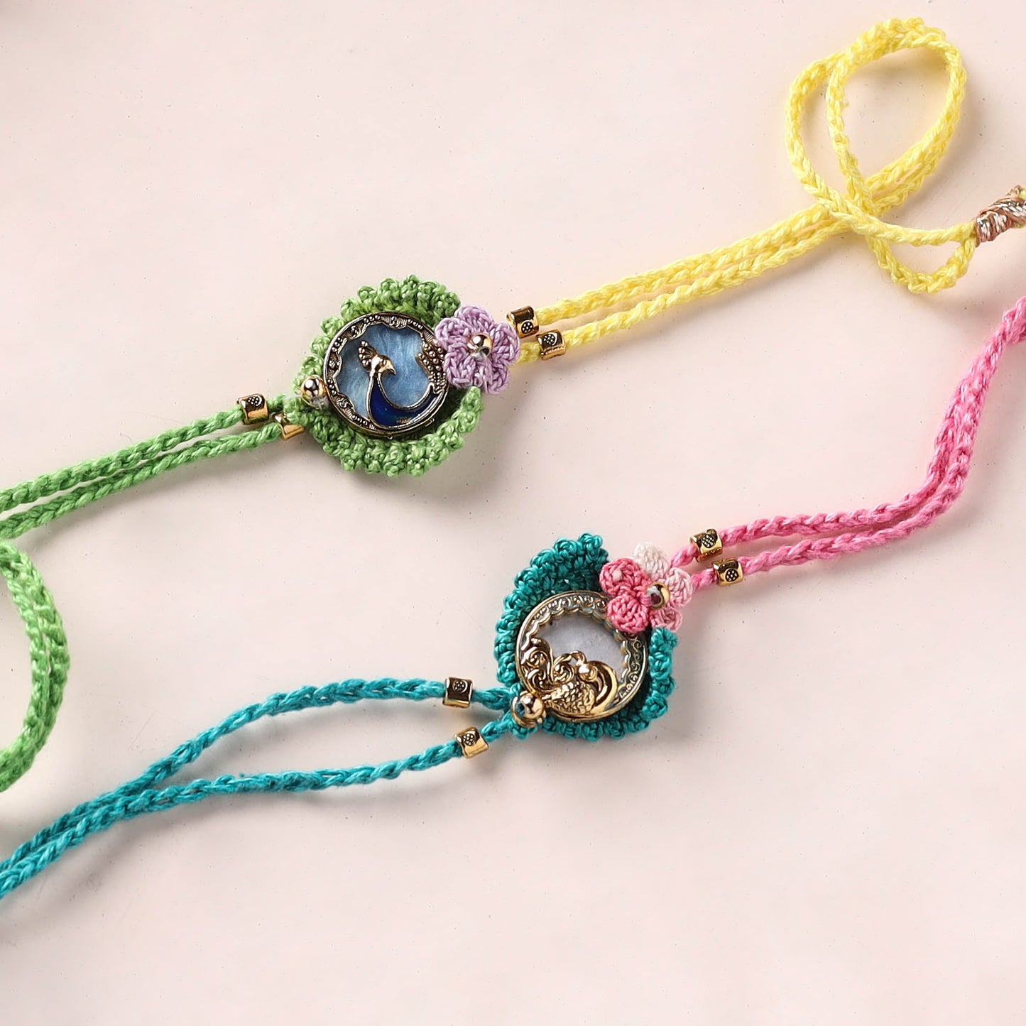 Peacock Handmade Crochet Work Bhaiya Bhabhi Rakhi Set 06