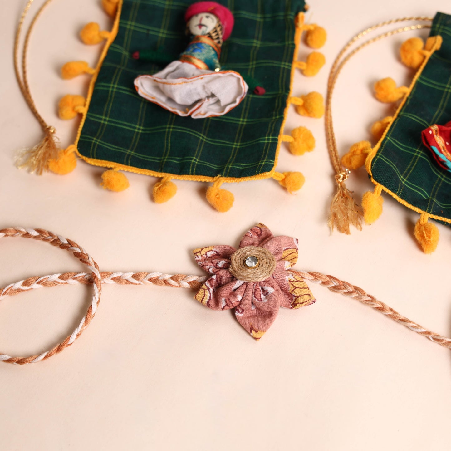 Handmade Fabric Flower Rakhi (Set of 2)