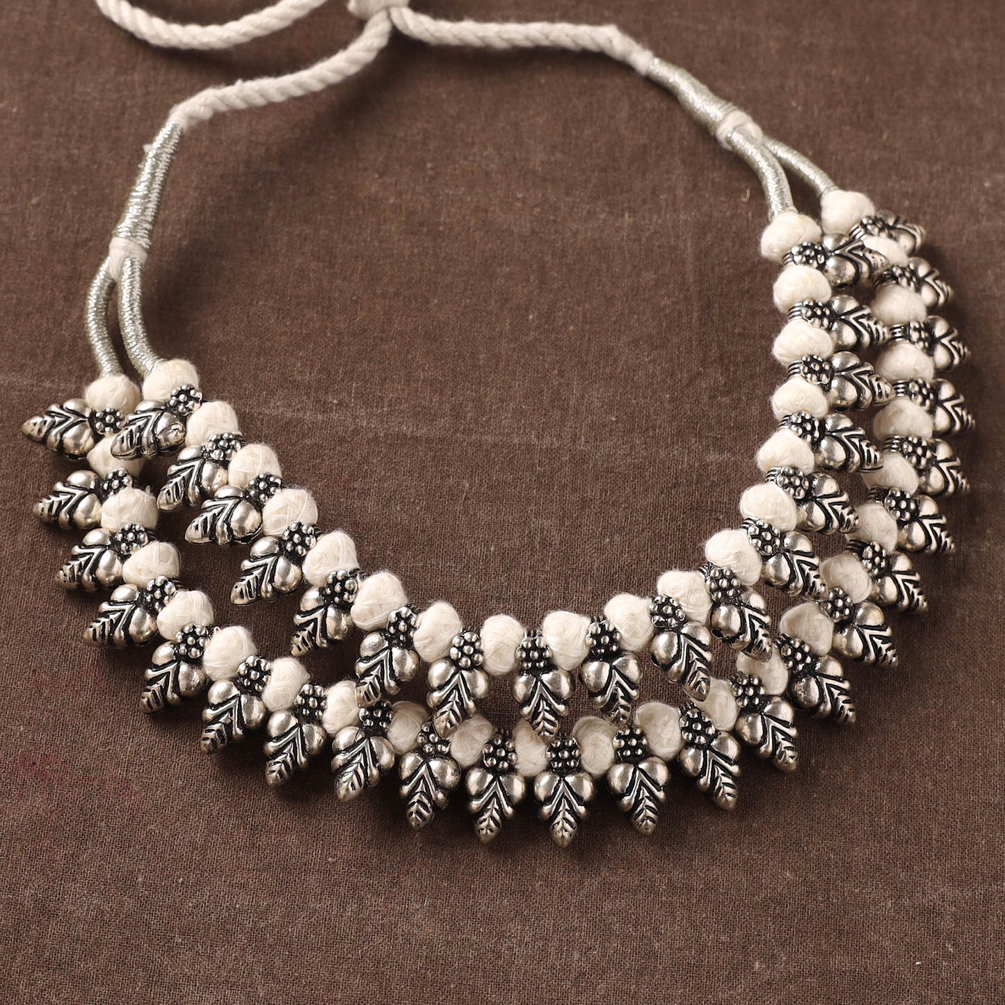 White - Patwa Threadwork Beaded Double Layered Necklace by Kailash Patwa 46