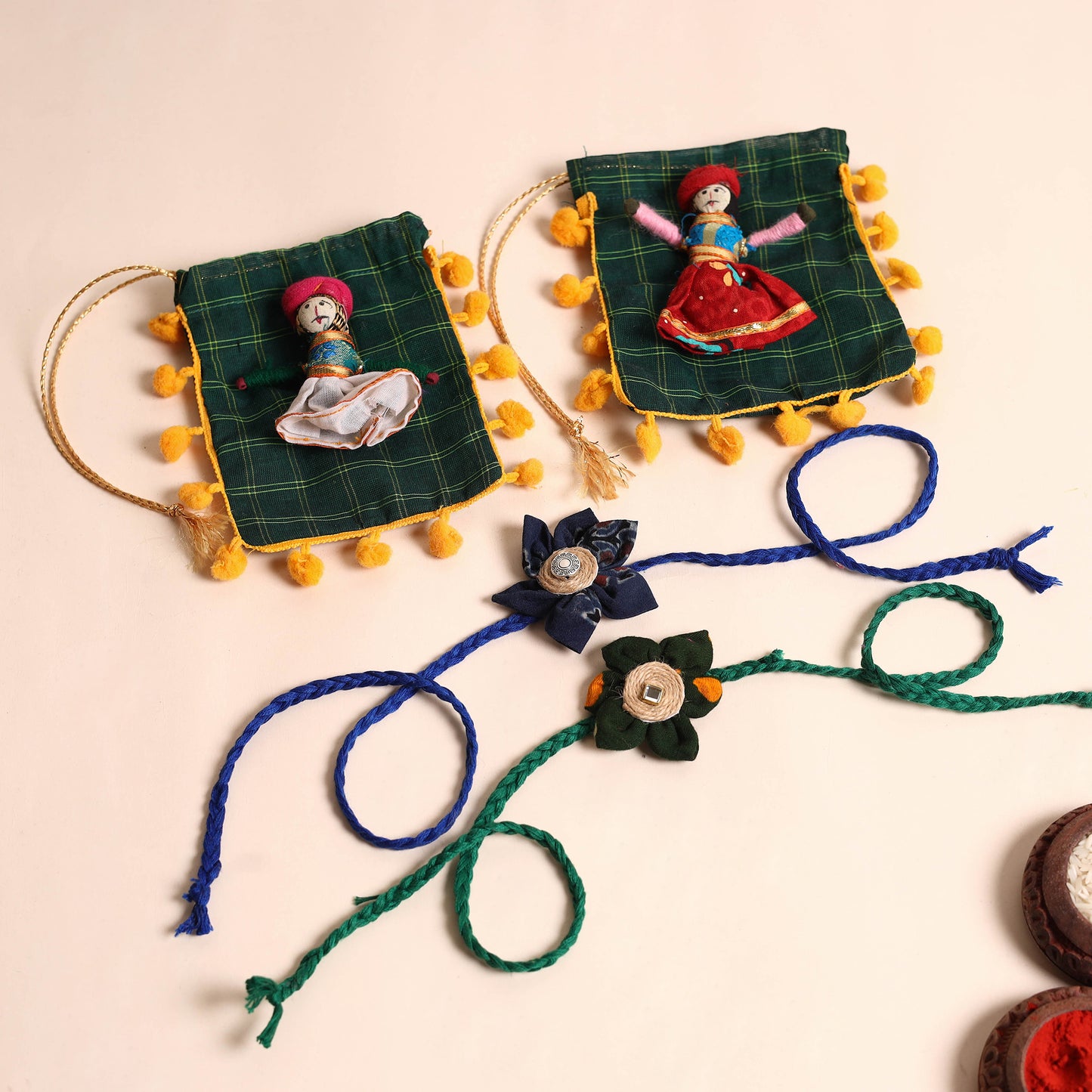 Handmade Fabric Flower Rakhi (Set of 2)