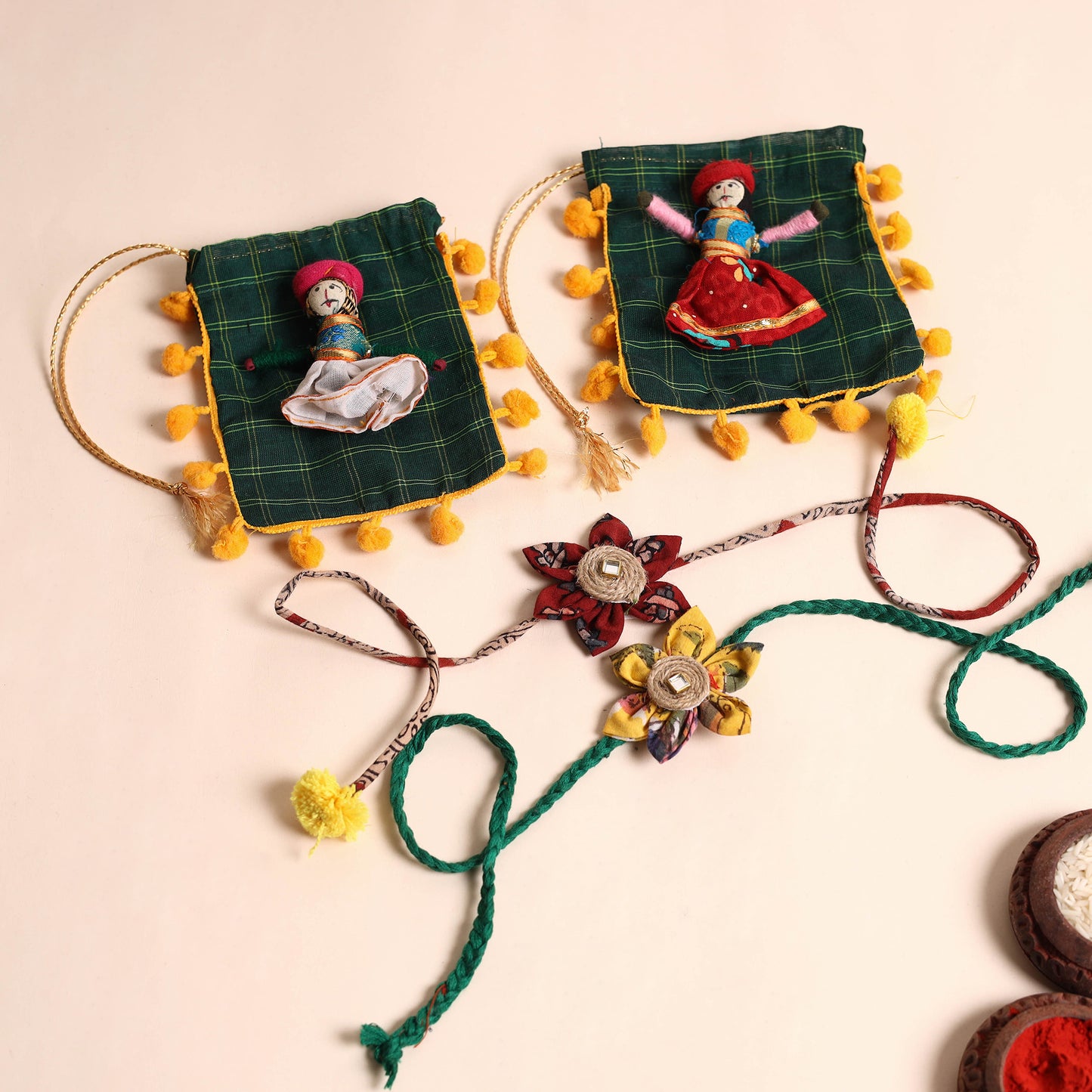 Handmade Fabric Flower Rakhi (Set of 2)