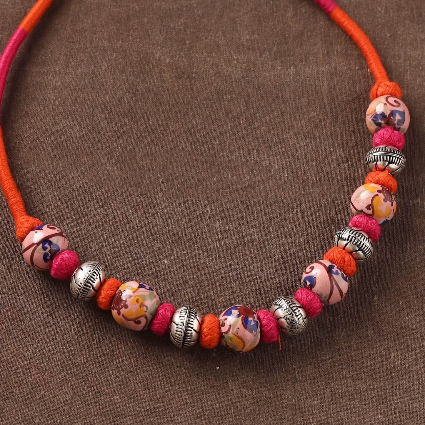 Orange - Patwa Threadwork Blue Pottery Beaded Necklace by Kailash Patwa 06