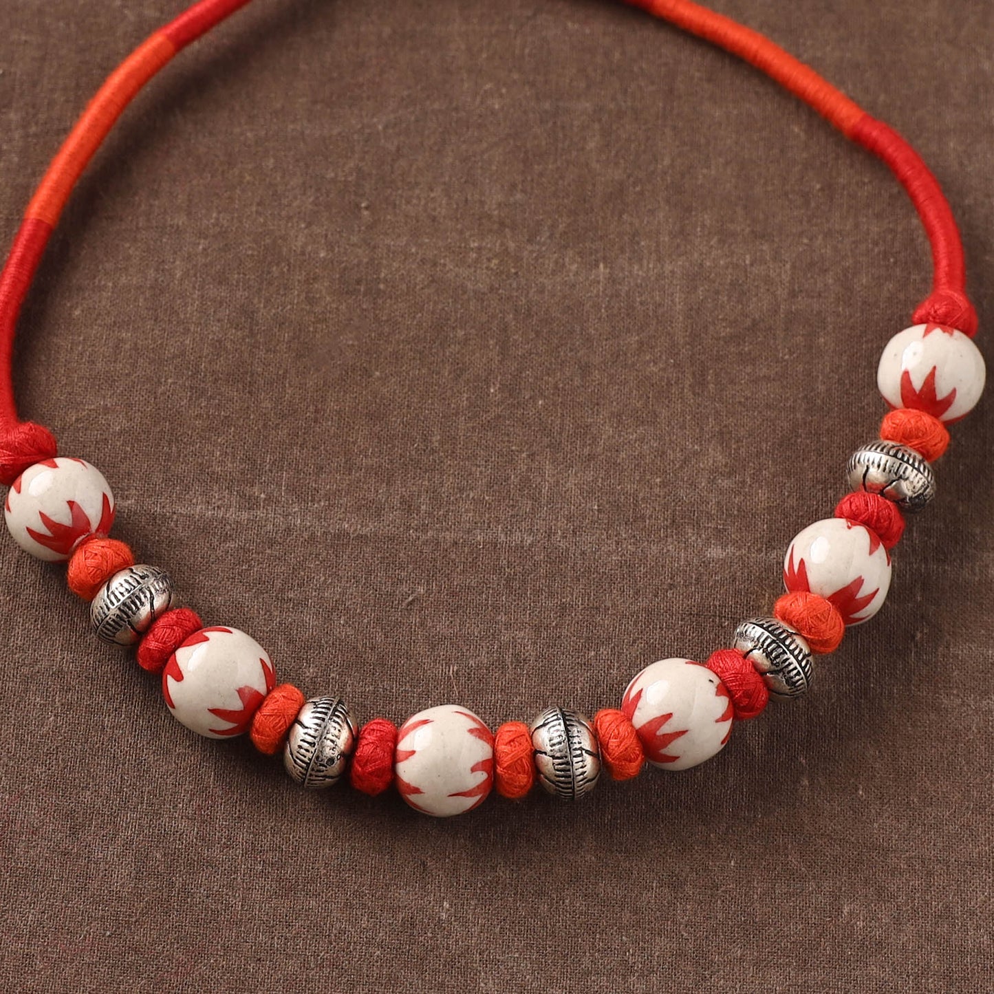 Orange - Patwa Threadwork Blue Pottery Beaded Necklace by Kailash Patwa 12