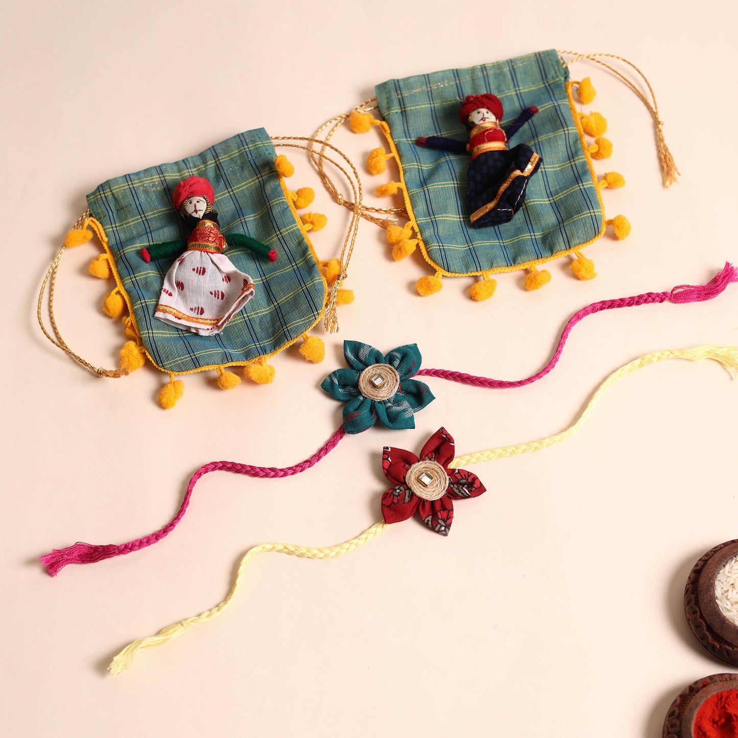 Handmade Fabric Flower Rakhi (Set of 2)