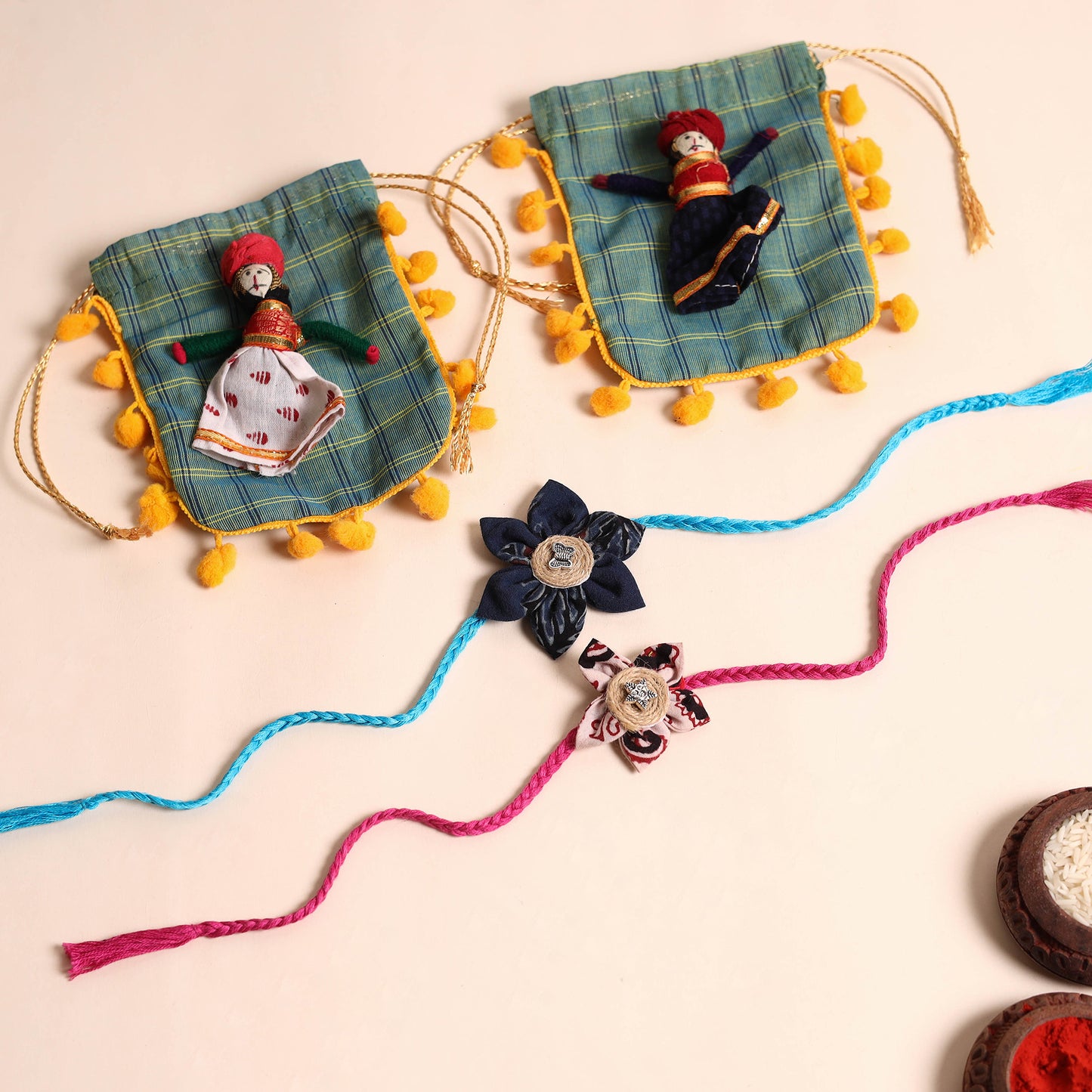 Handmade Fabric Flower Rakhi (Set of 2)