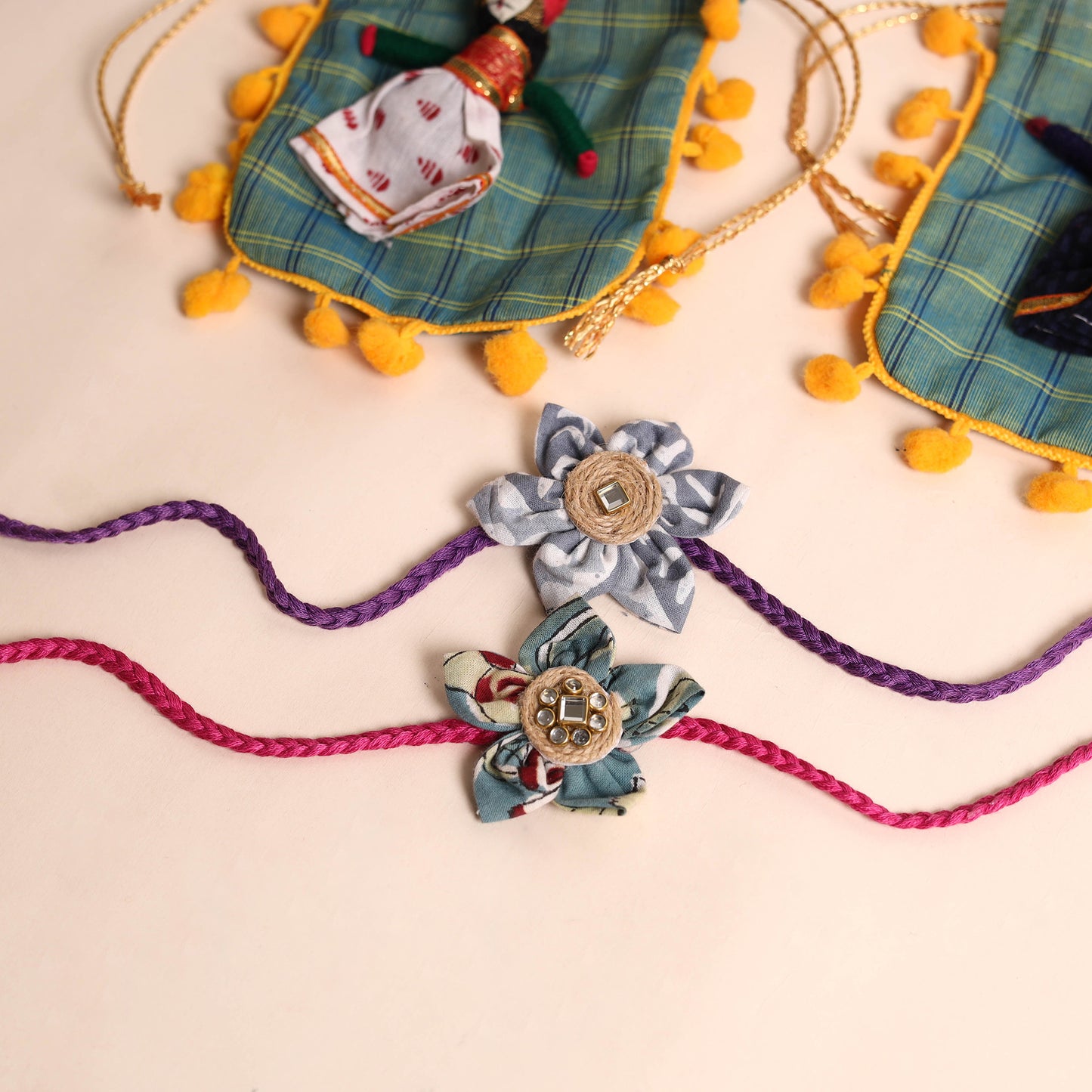 Handmade Fabric Flower Rakhi (Set of 2)