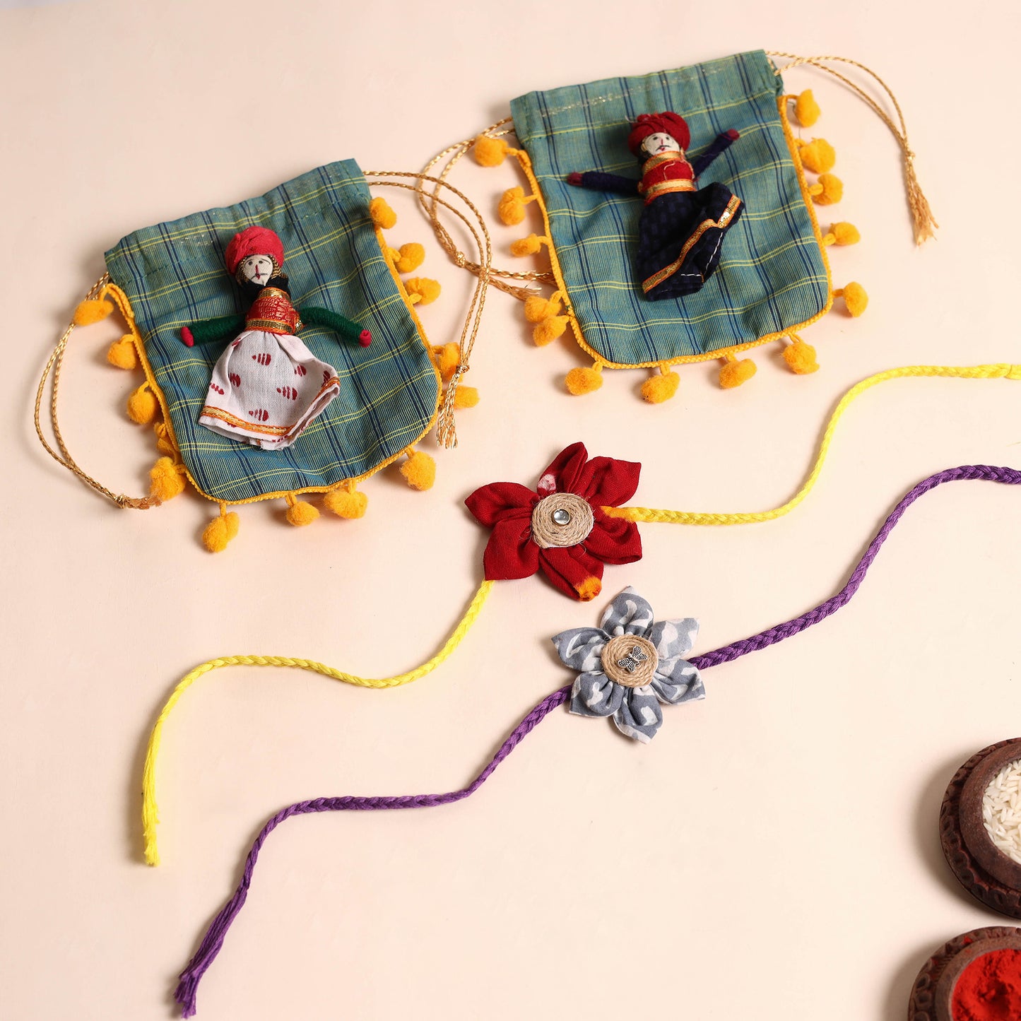 Handmade Fabric Flower Rakhi (Set of 2)