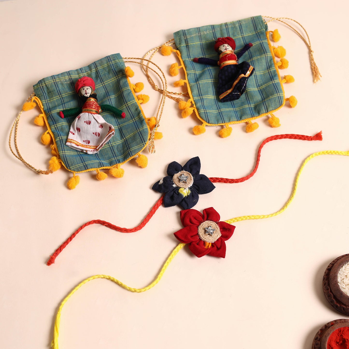 Handmade Fabric Flower Rakhi (Set of 2)