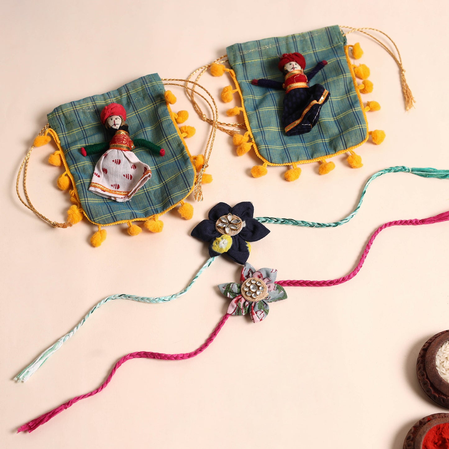 Handmade Fabric Flower Rakhi (Set of 2)