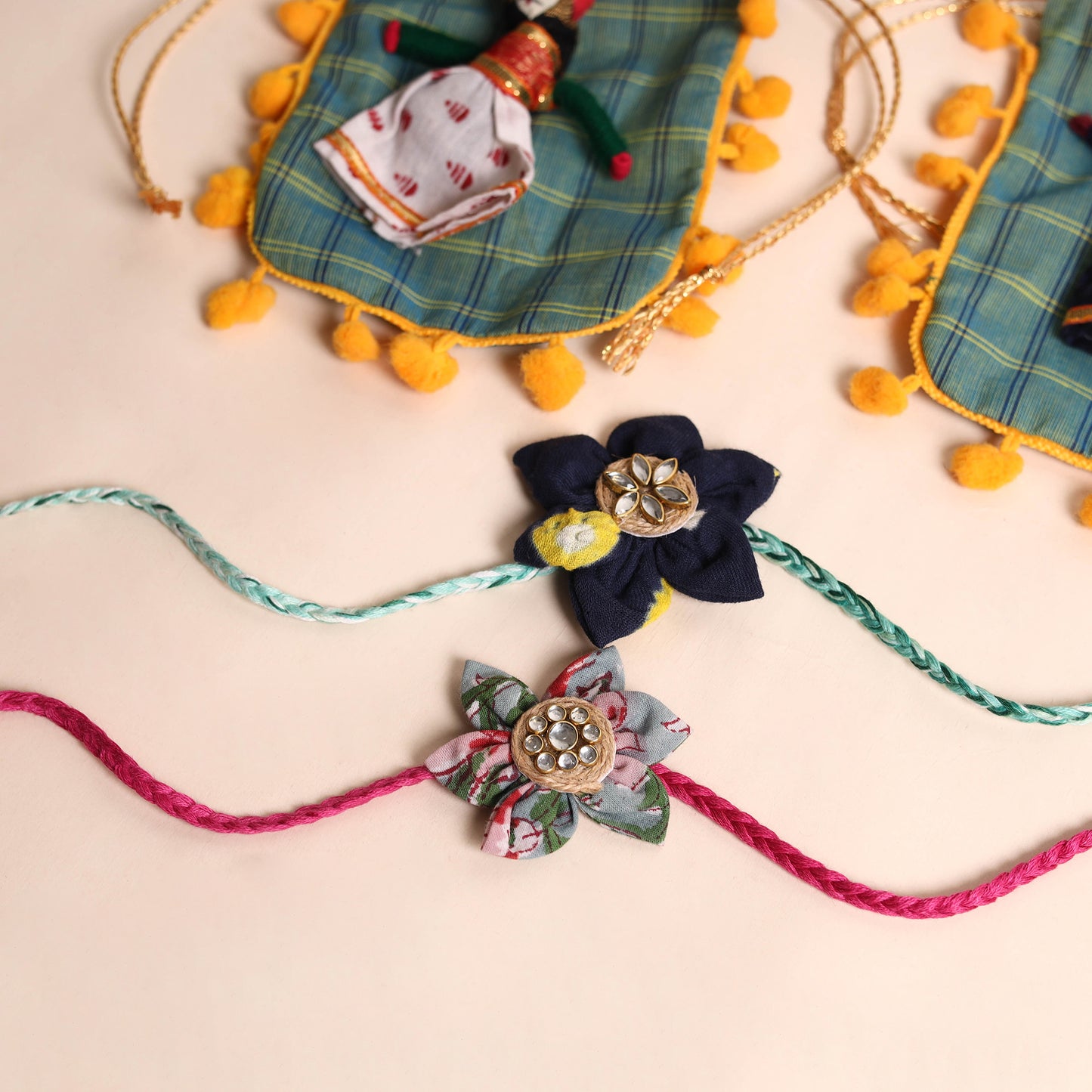 Handmade Fabric Flower Rakhi (Set of 2)