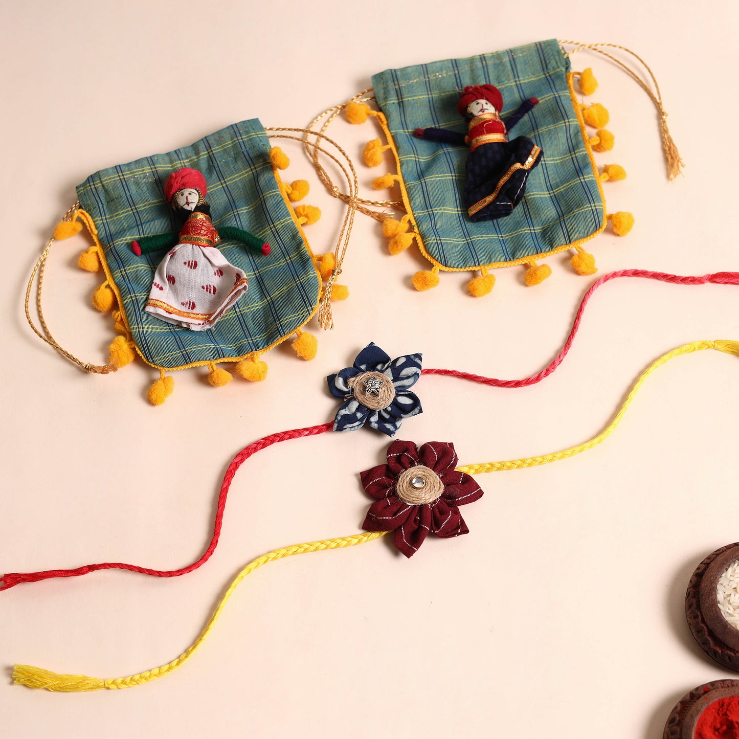 Handmade Fabric Flower Rakhi (Set of 2)
