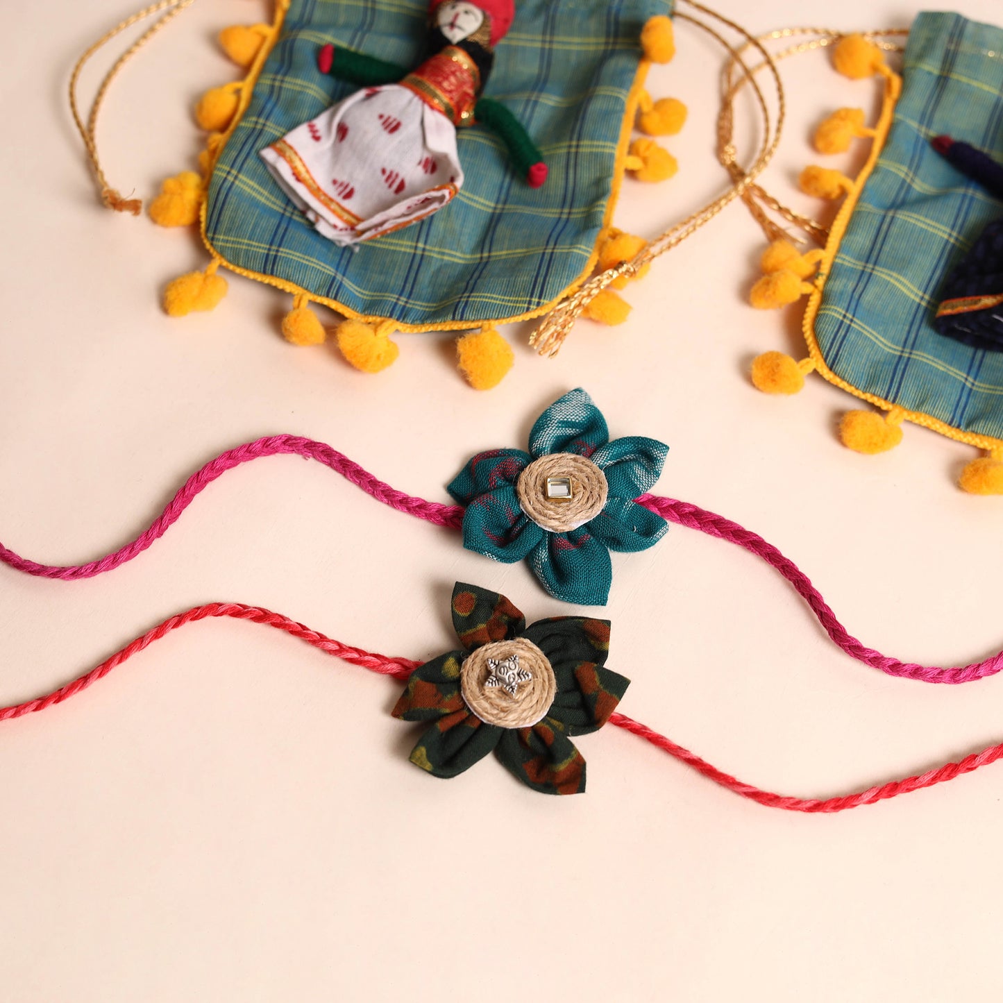 Handmade Fabric Flower Rakhi (Set of 2)
