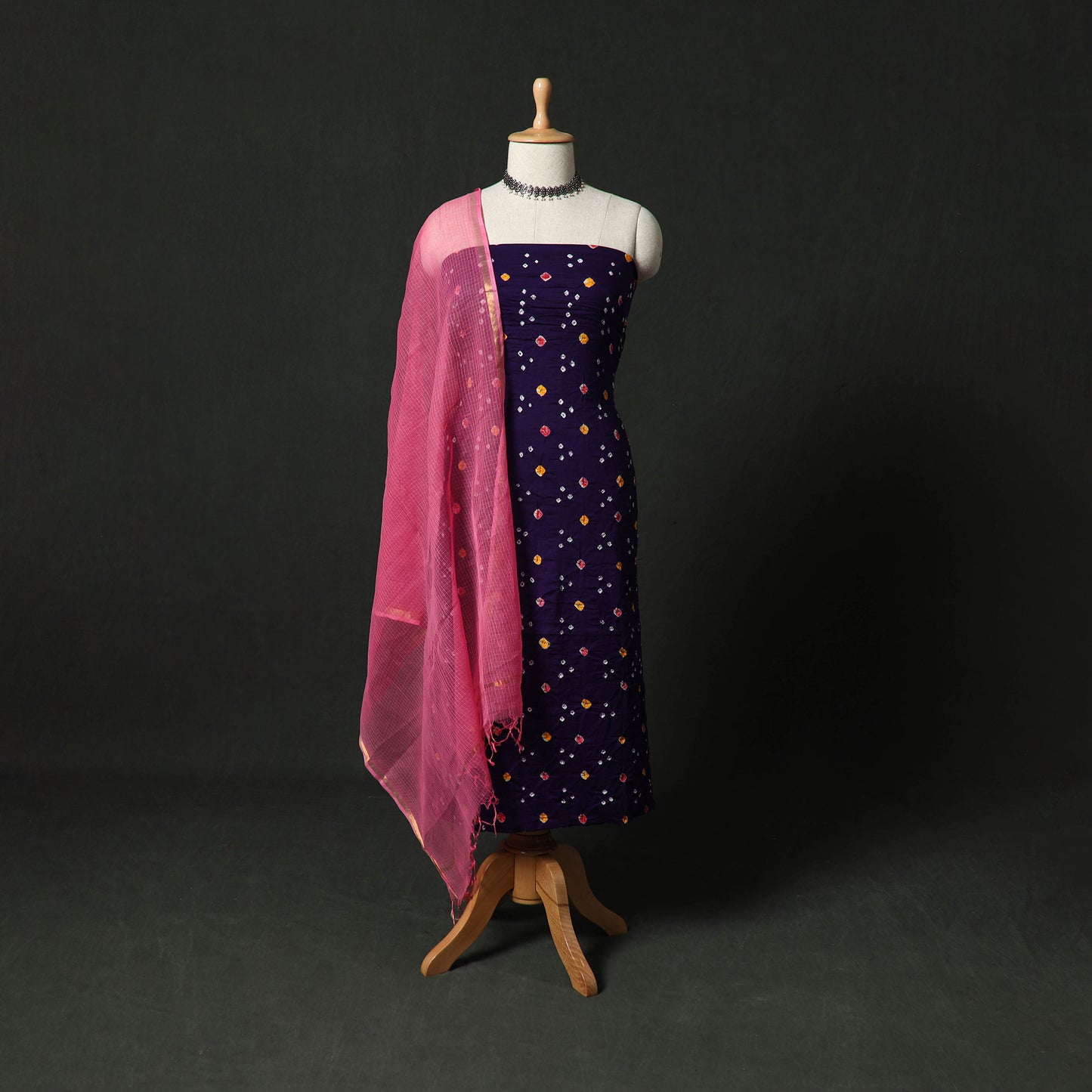 Kutch Bandhani Tie-Dye Cotton 2pc Unstitched Dress Material Kurta Set with Earrings 01