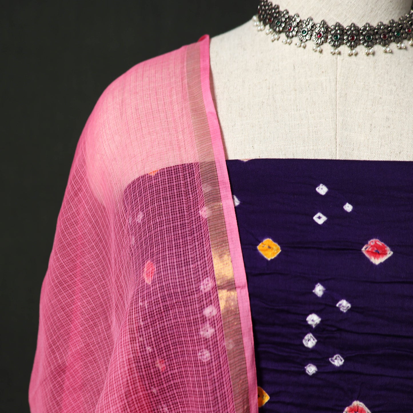 Kutch Bandhani Tie-Dye Cotton 2pc Unstitched Dress Material Kurta Set with Earrings 01