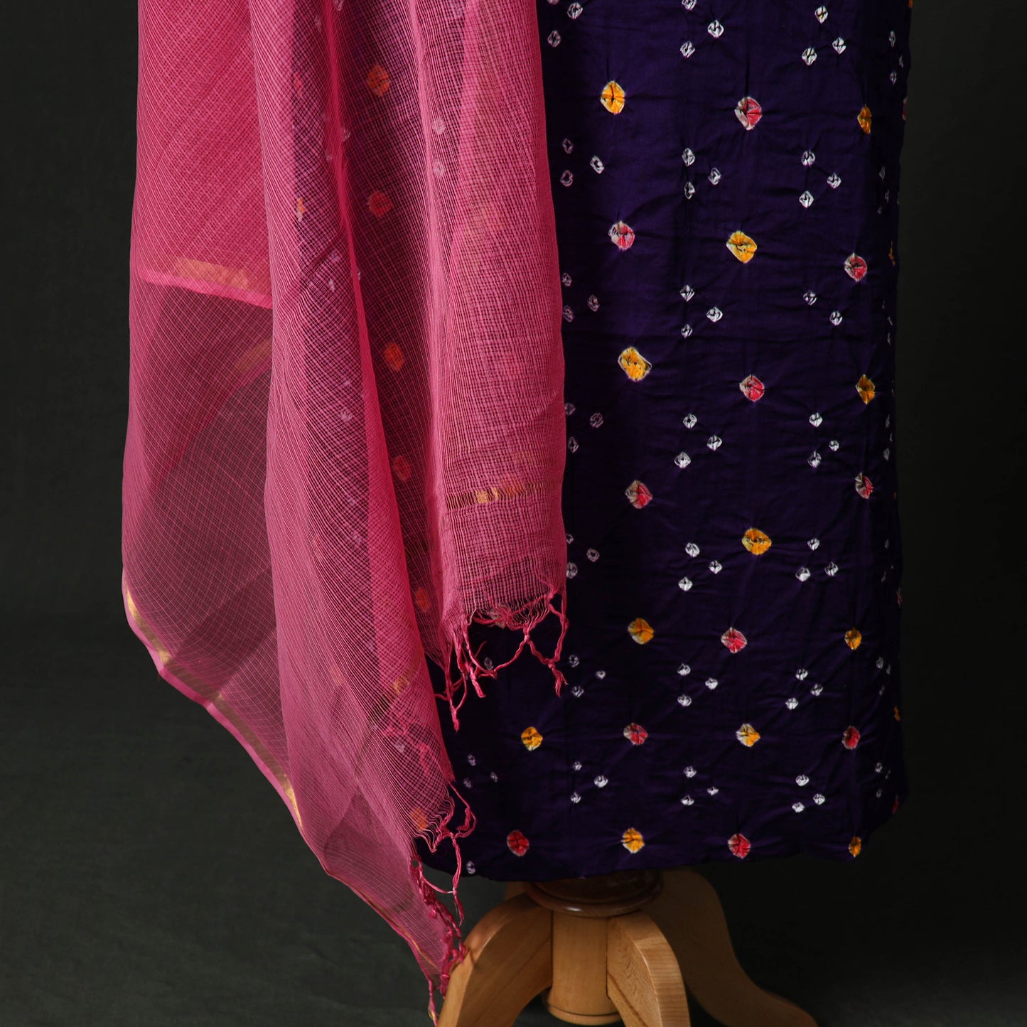 Kutch Bandhani Tie-Dye Cotton 2pc Unstitched Dress Material Kurta Set with Earrings 01