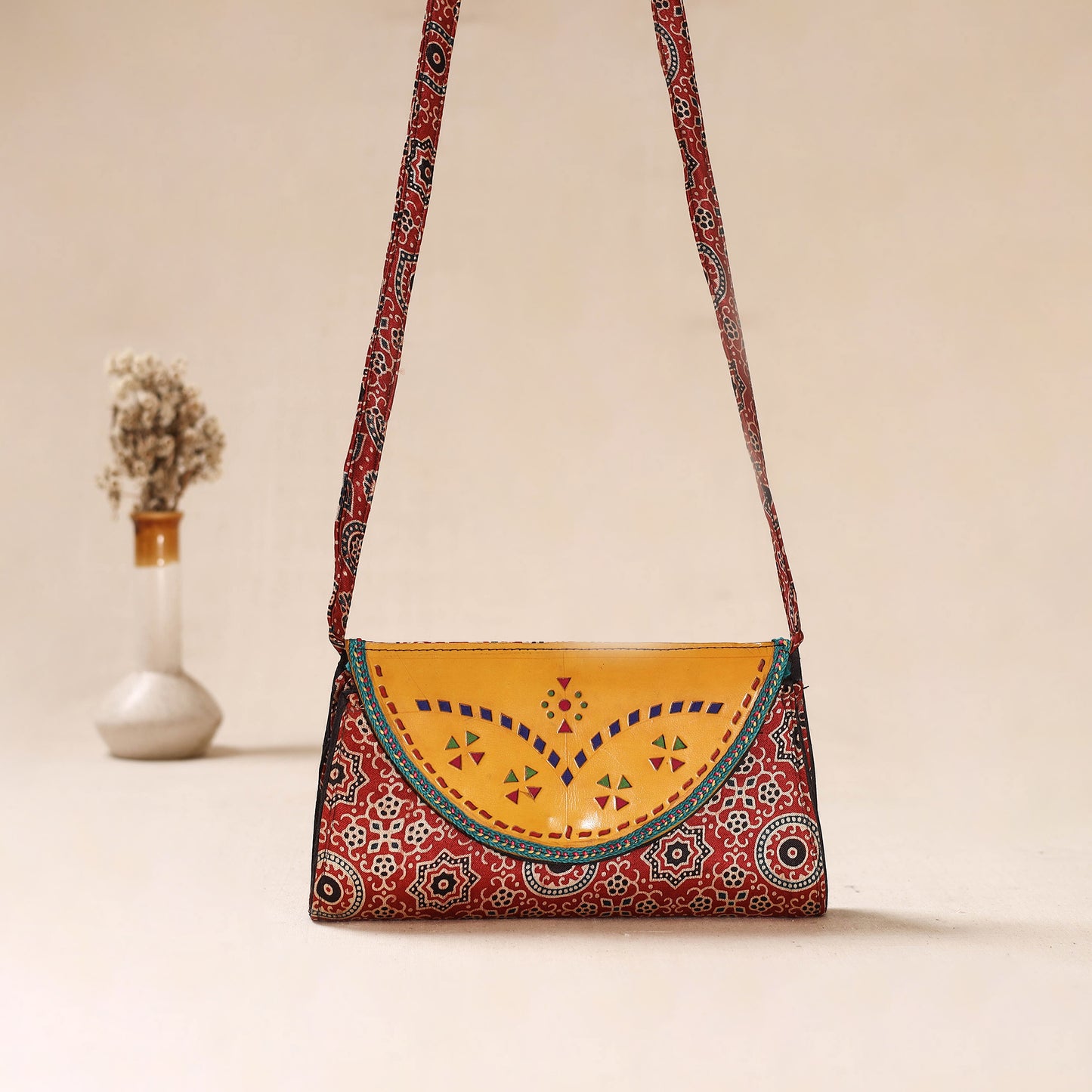 Traditional Kutch Mashru Silk Leather Flap Sling Bag 40