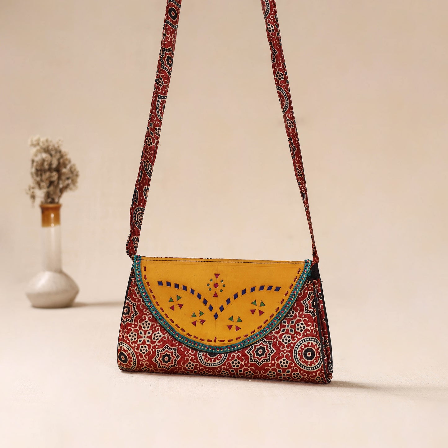 Traditional Kutch Mashru Silk Leather Flap Sling Bag 40