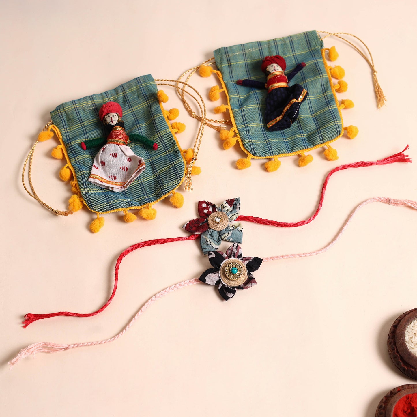 Handmade Fabric Flower Rakhi (Set of 2)