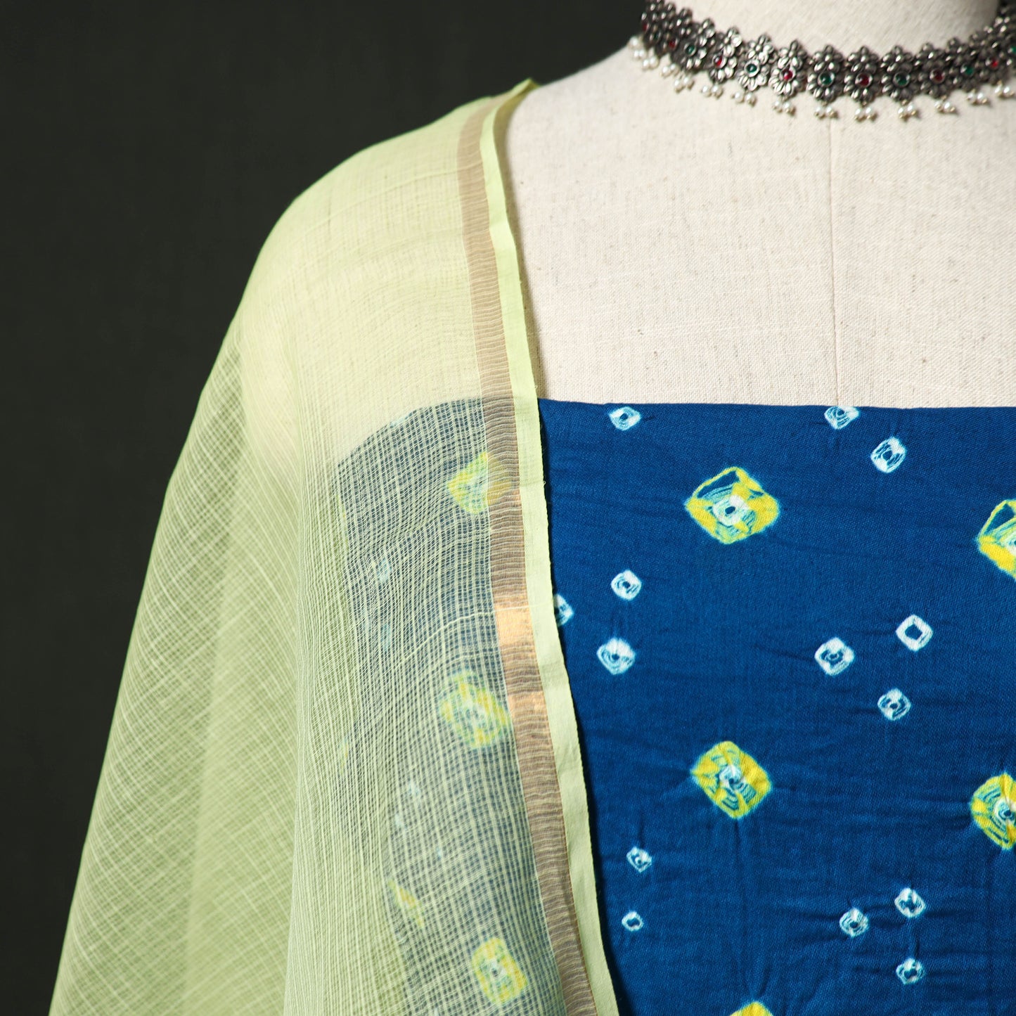 Kutch Bandhani Tie-Dye Cotton 2pc Unstitched Dress Material Kurta Set with Earrings 05