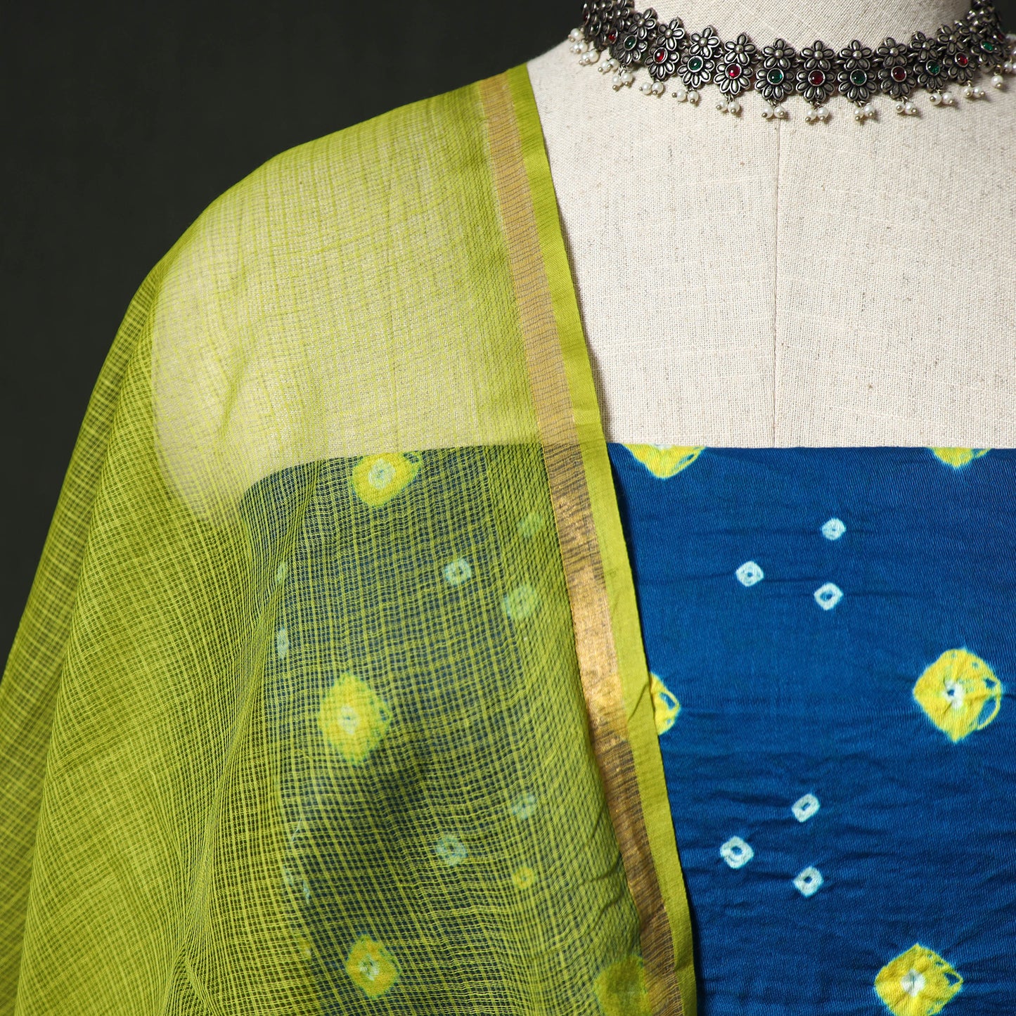 Kutch Bandhani Tie-Dye Cotton 2pc Unstitched Dress Material Kurta Set with Earrings 06