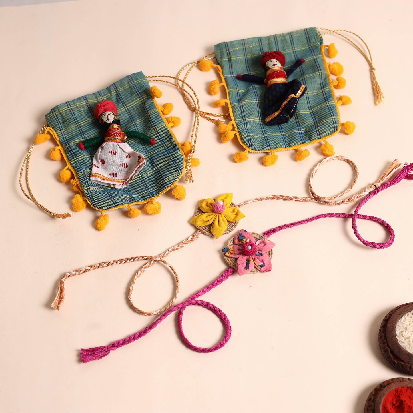 Handmade Fabric Flower Rakhi (Set of 2)