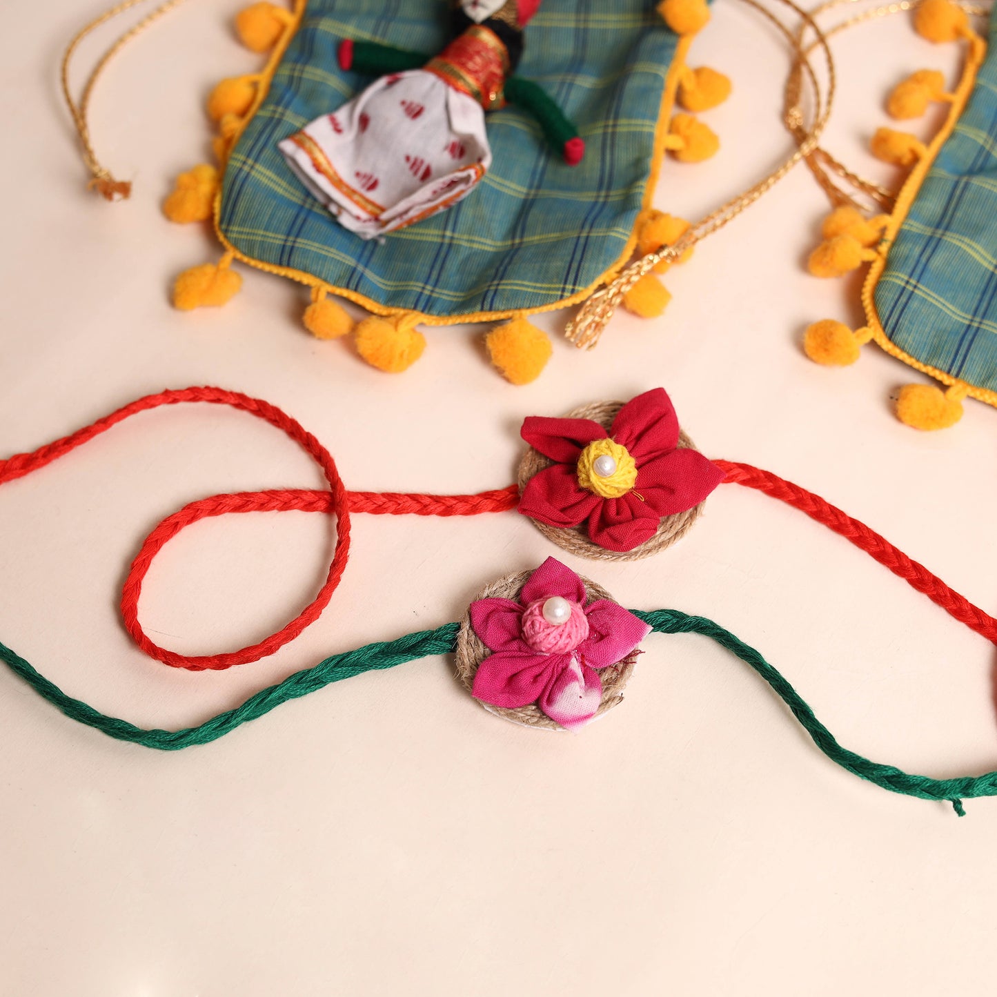 Handmade Fabric Flower Rakhi (Set of 2)