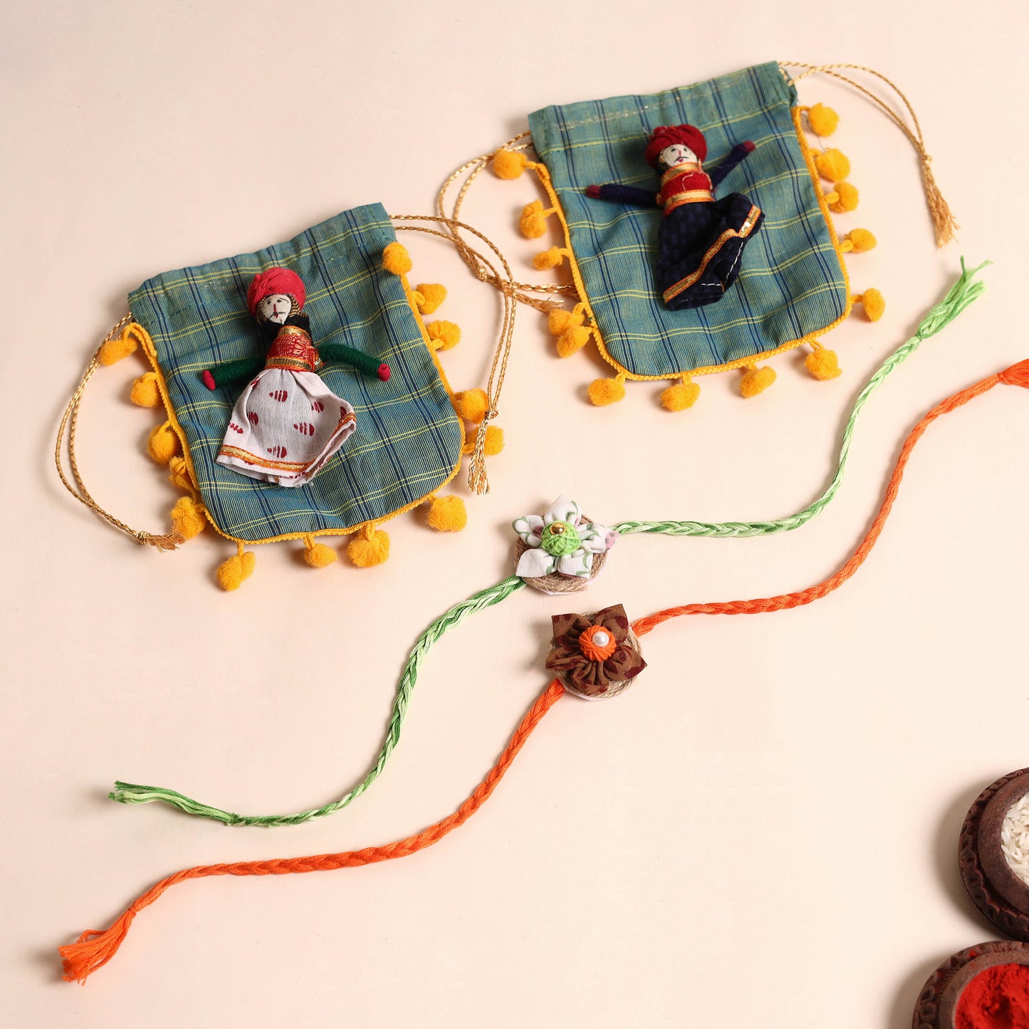 Handmade Fabric Flower Rakhi (Set of 2)