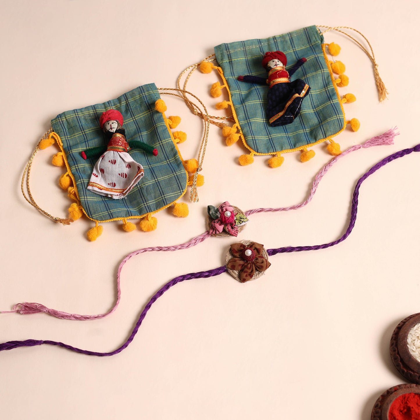 Handmade Fabric Flower Rakhi (Set of 2)