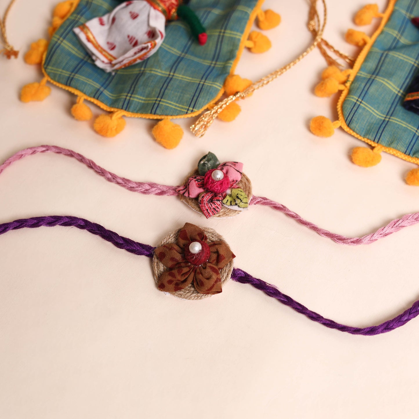 Handmade Fabric Flower Rakhi (Set of 2)