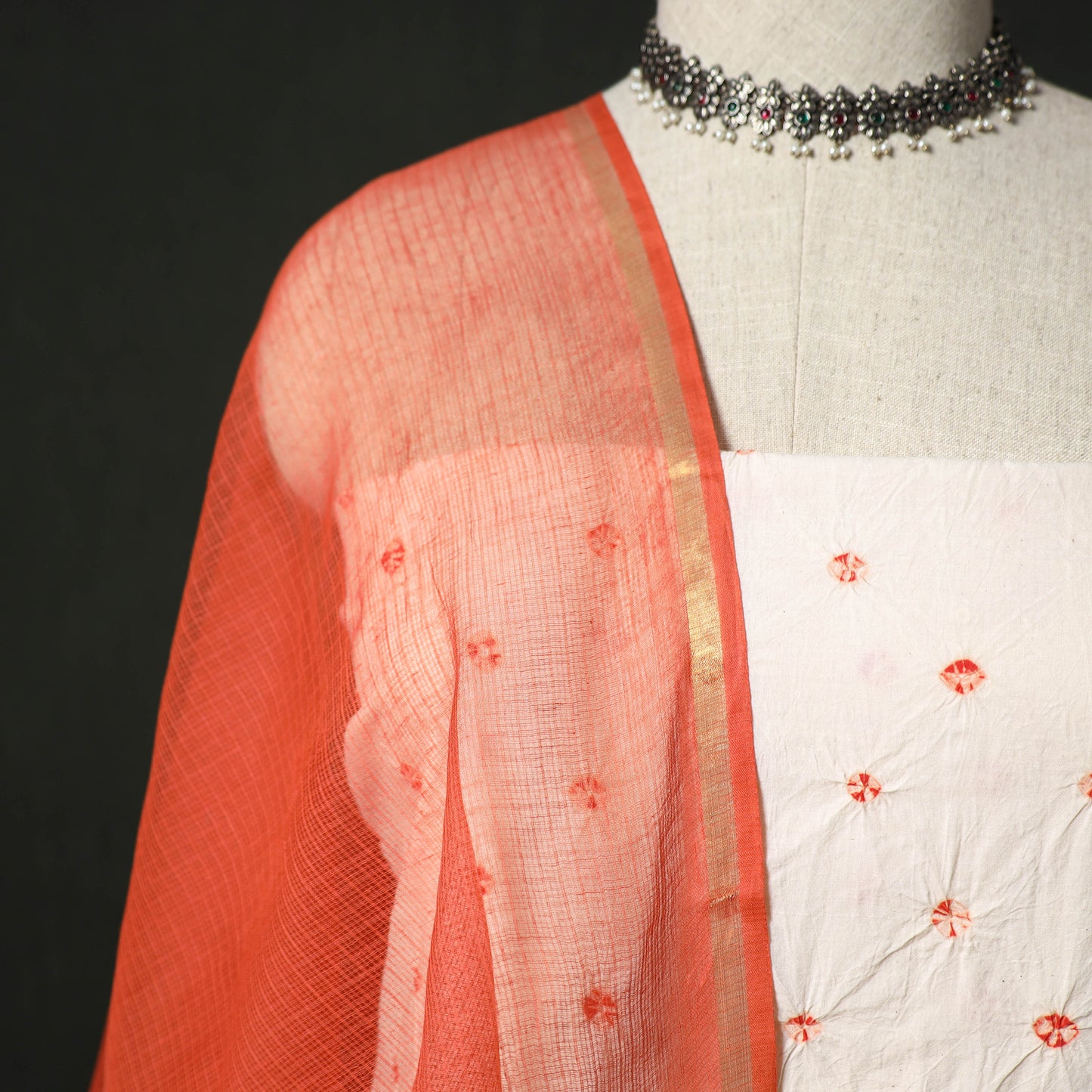 Kutch Bandhani Tie-Dye Cotton 2pc Unstitched Dress Material Kurta Set with Earrings 11