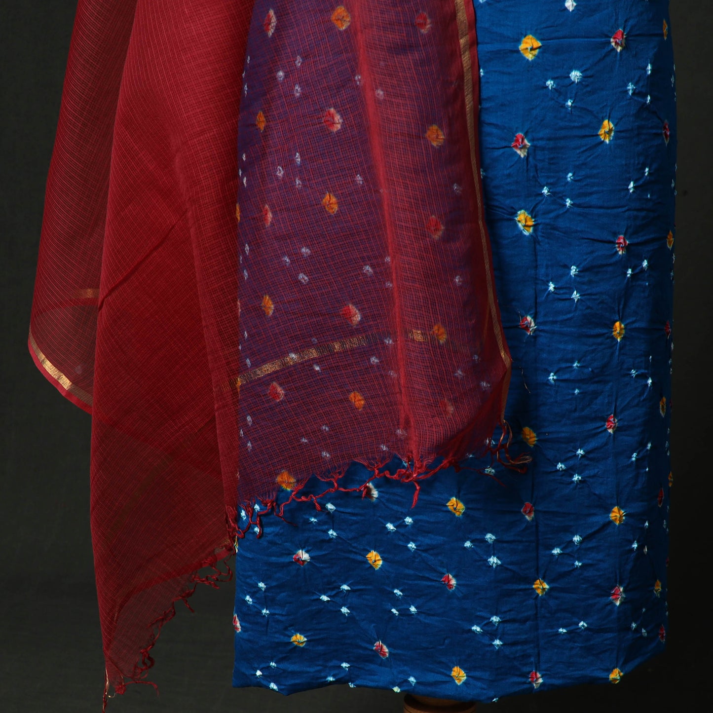 Kutch Bandhani Tie-Dye Cotton 2pc Unstitched Dress Material Kurta Set with Earrings 12