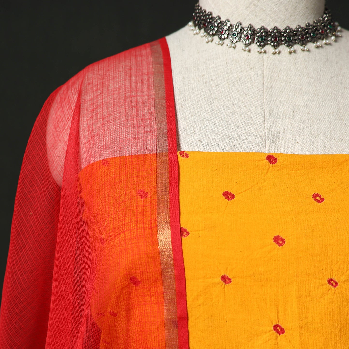 Kutch Bandhani Tie-Dye Cotton 2pc Unstitched Dress Material Kurta Set with Earrings 18
