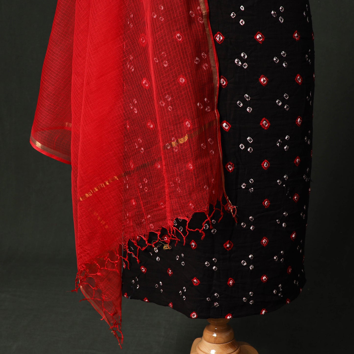 Kutch Bandhani Tie-Dye Cotton 2pc Unstitched Dress Material Kurta Set with Earrings 20