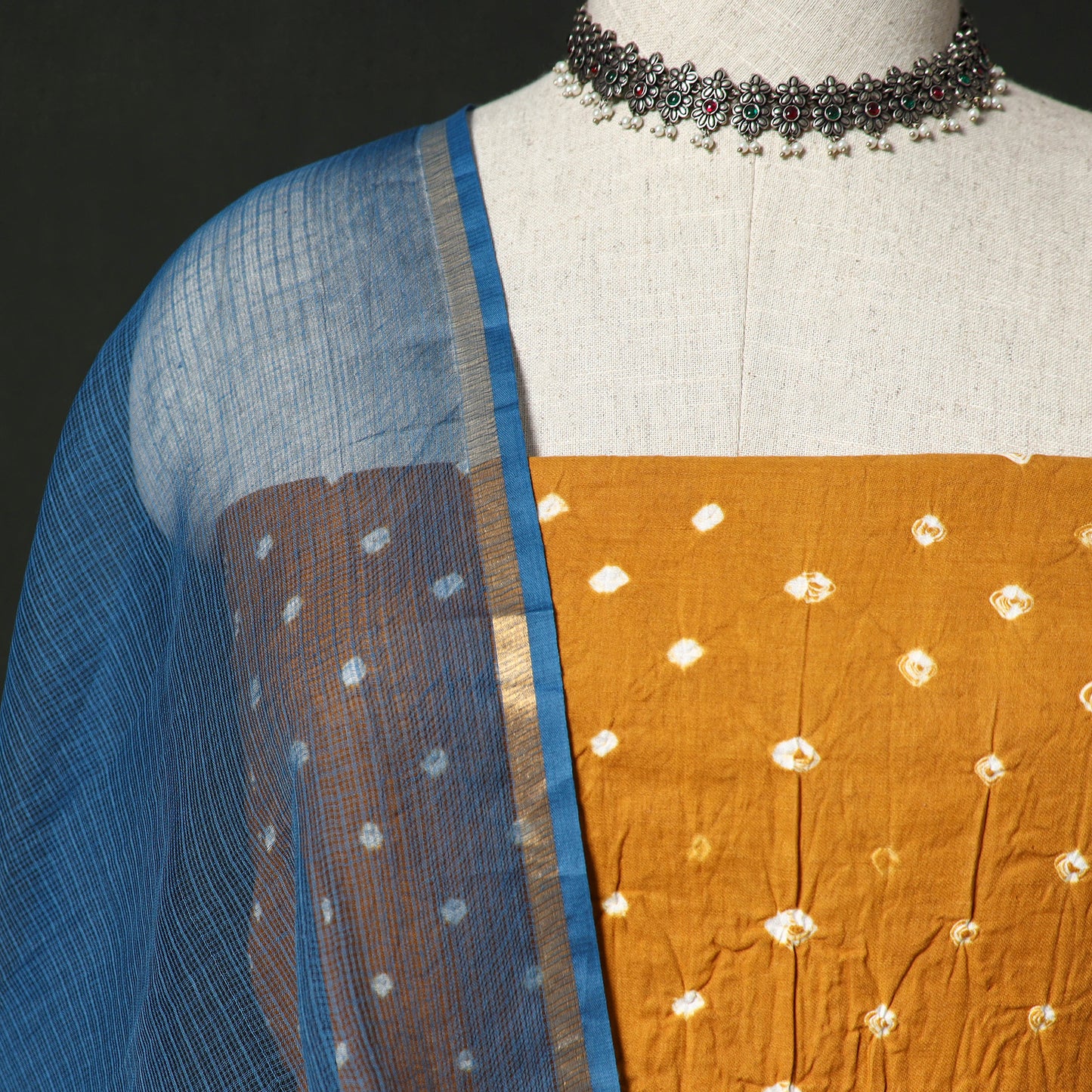 Kutch Bandhani Tie-Dye Cotton 2pc Unstitched Dress Material Kurta Set with Earrings 24