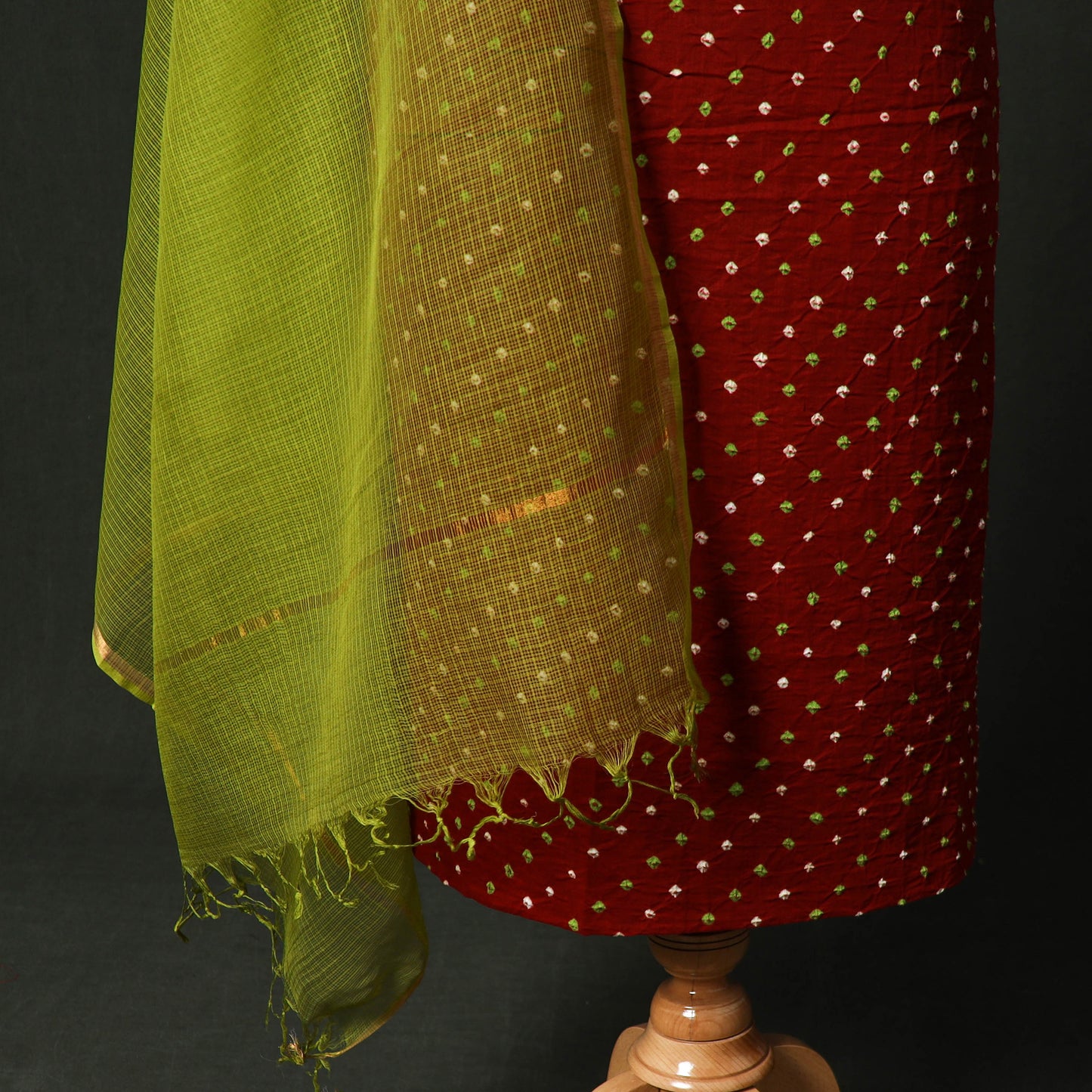 Kutch Bandhani Tie-Dye Cotton 2pc Unstitched Dress Material Kurta Set with Earrings 26