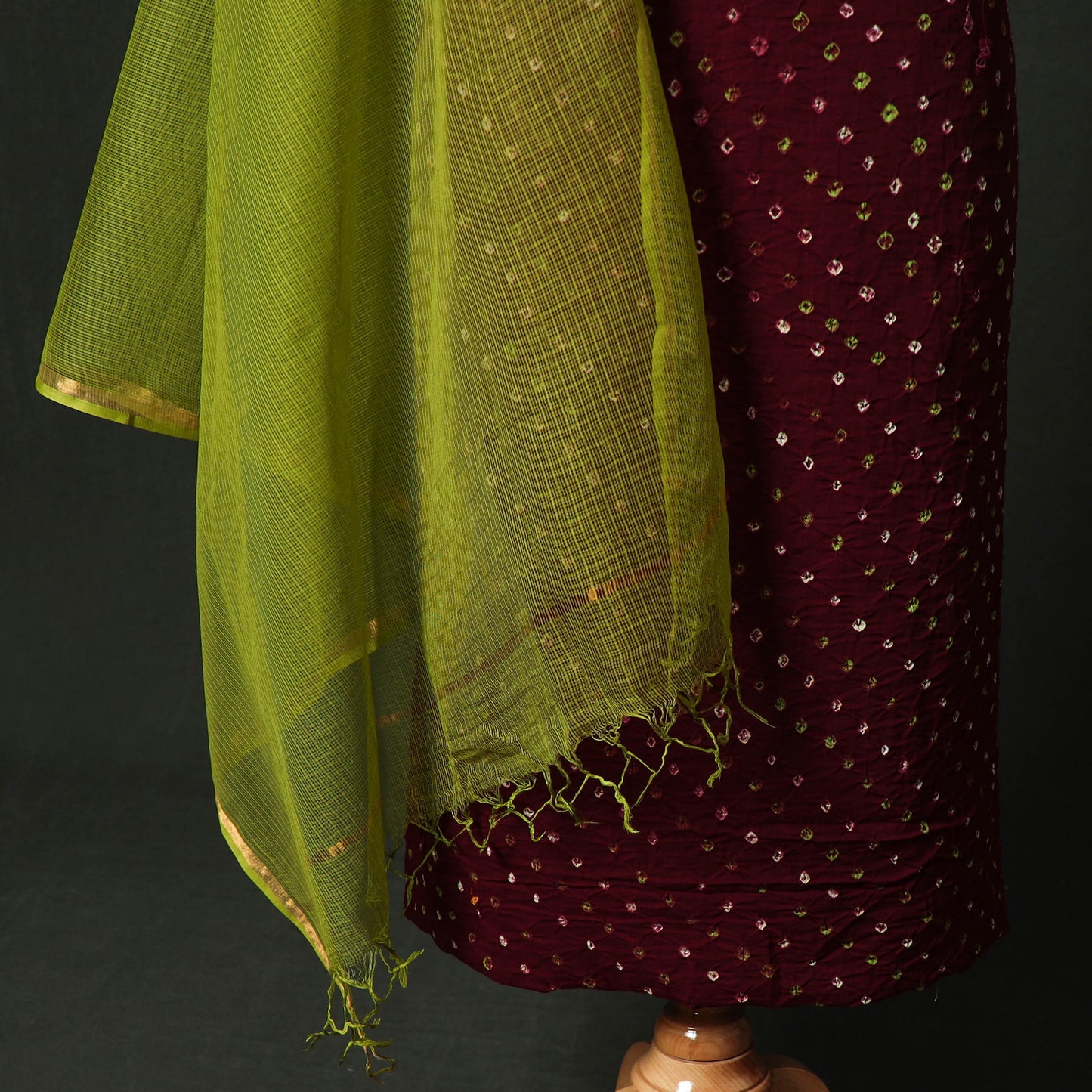 Kutch Bandhani Tie-Dye Cotton 2pc Unstitched Dress Material Kurta Set with Earrings 27