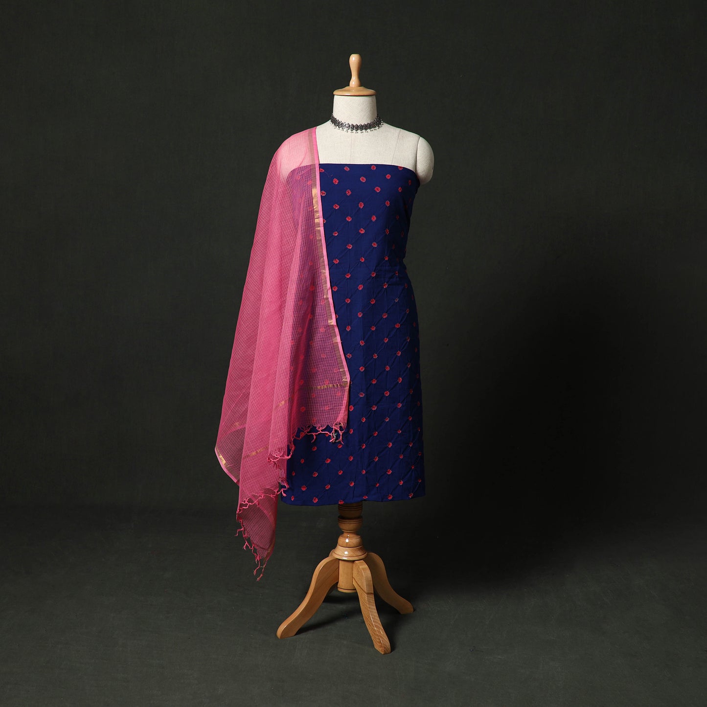 Kutch Bandhani Tie-Dye Cotton 2pc Unstitched Dress Material Kurta Set with Earrings 33