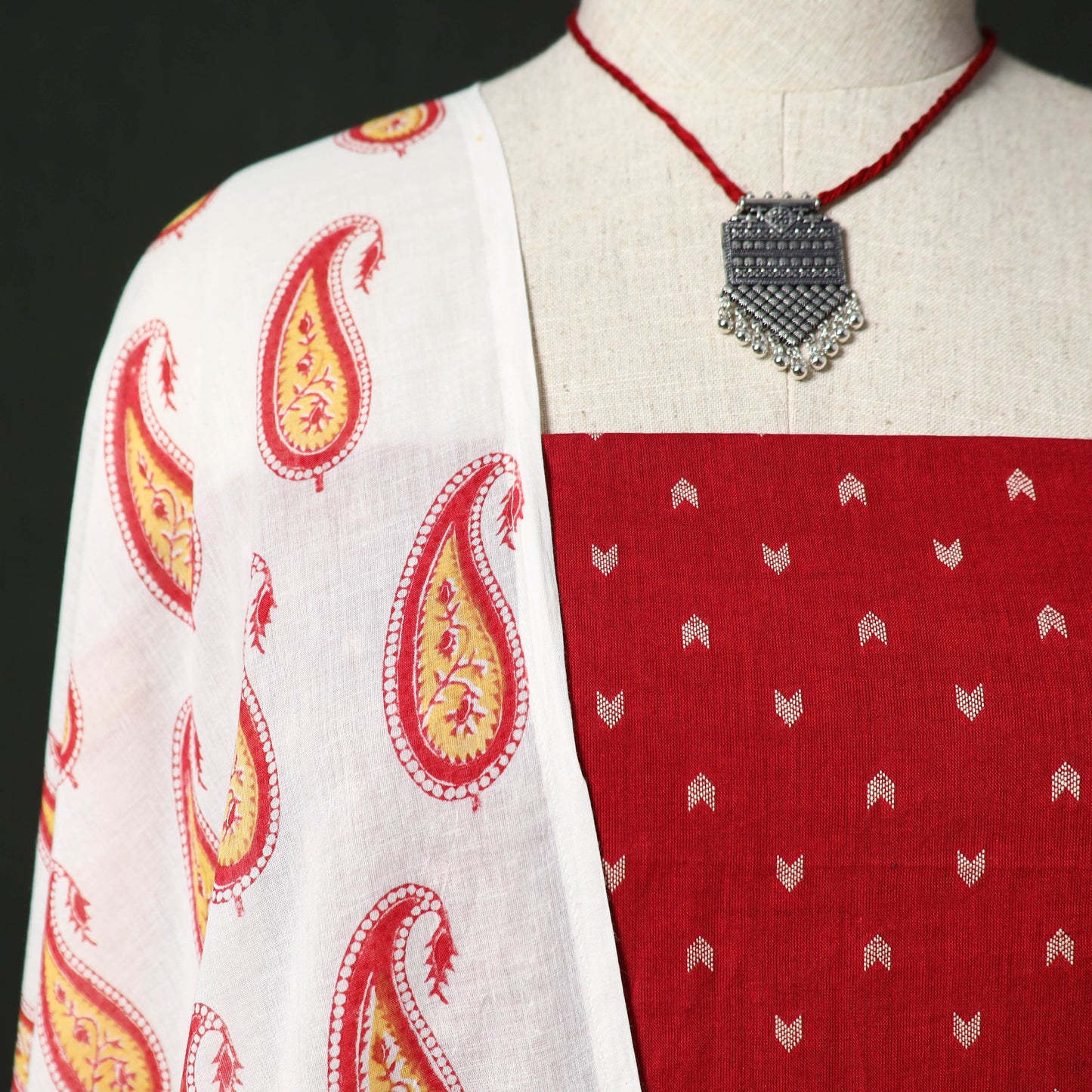Jacquard Woven 2pc Cotton Unstitched Dress Material Kurta Set with Jewellery 12